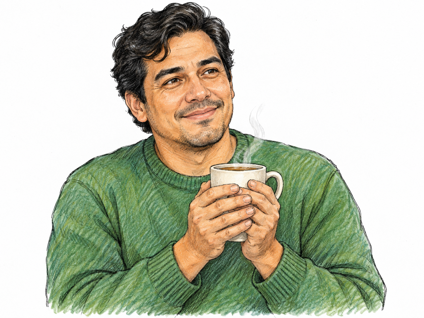 Man cups a warm plain ceramic mug between palms, relaxed comfortable expression and only faint steam, moderate pleasant heat, isolated half figure and mug on white.