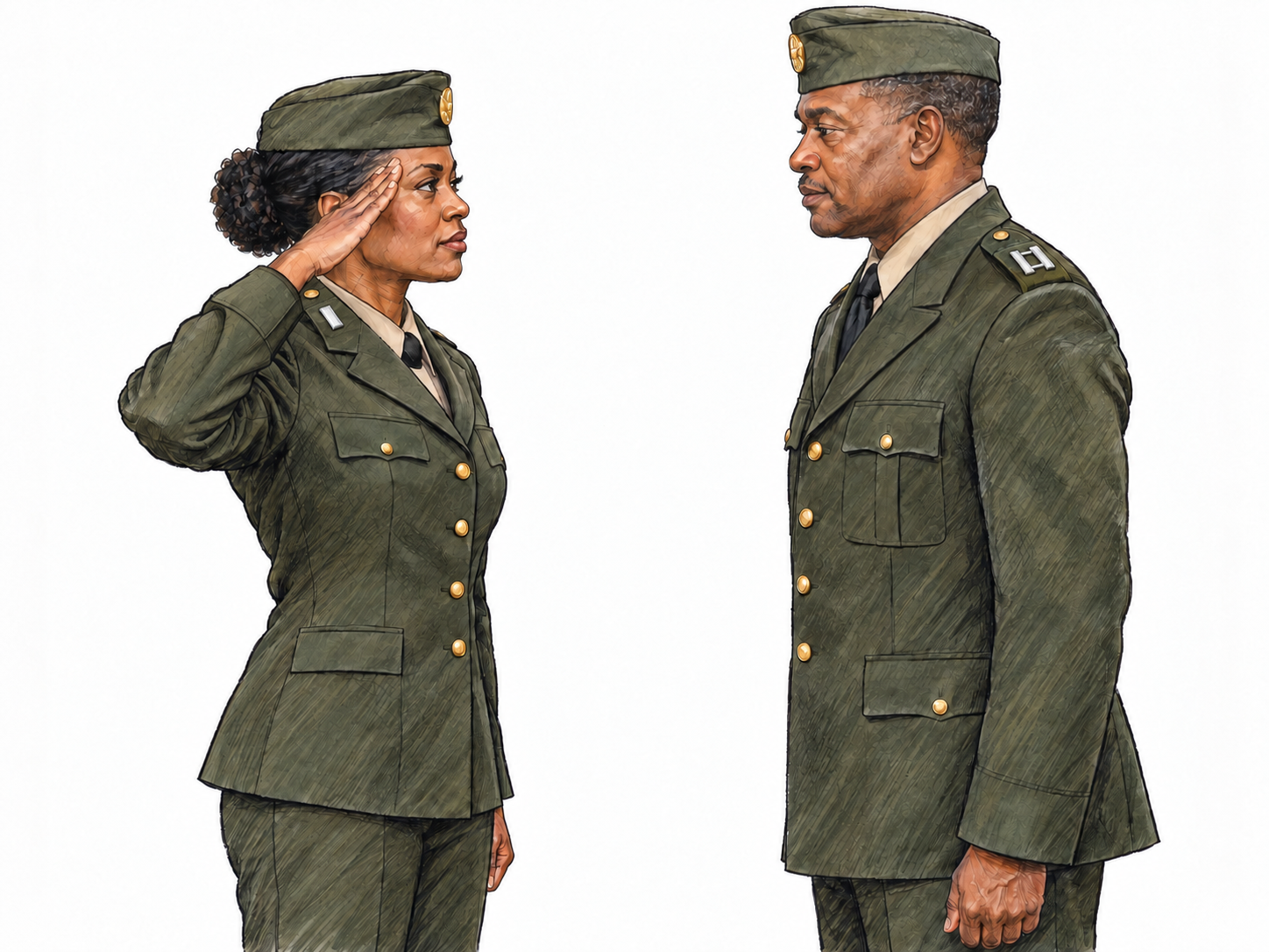 A junior military officer salutes a higher-ranking officer.