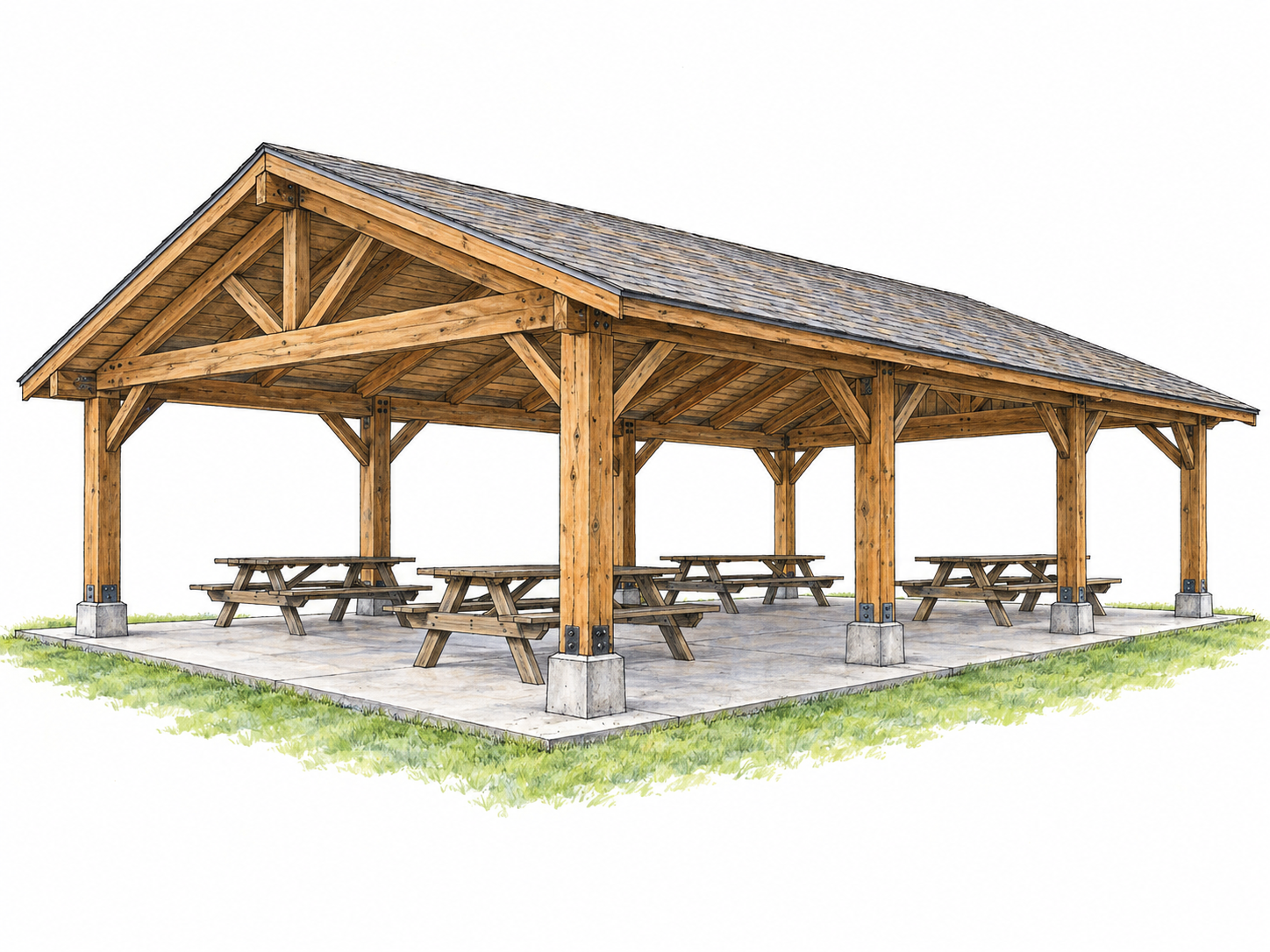 A large open-sided park pavilion with a broad pitched roof supported by sturdy posts, sheltering several picnic tables on a raised concrete slab.