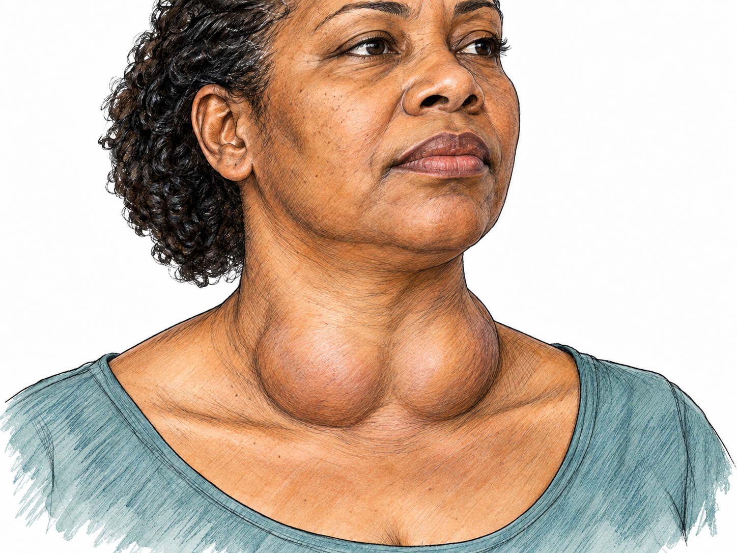 A respectful three-quarter clinical portrait showing a pronounced, broad swelling at the lower front of a woman's neck, centered over the thyroid rather than beneath the jaw.