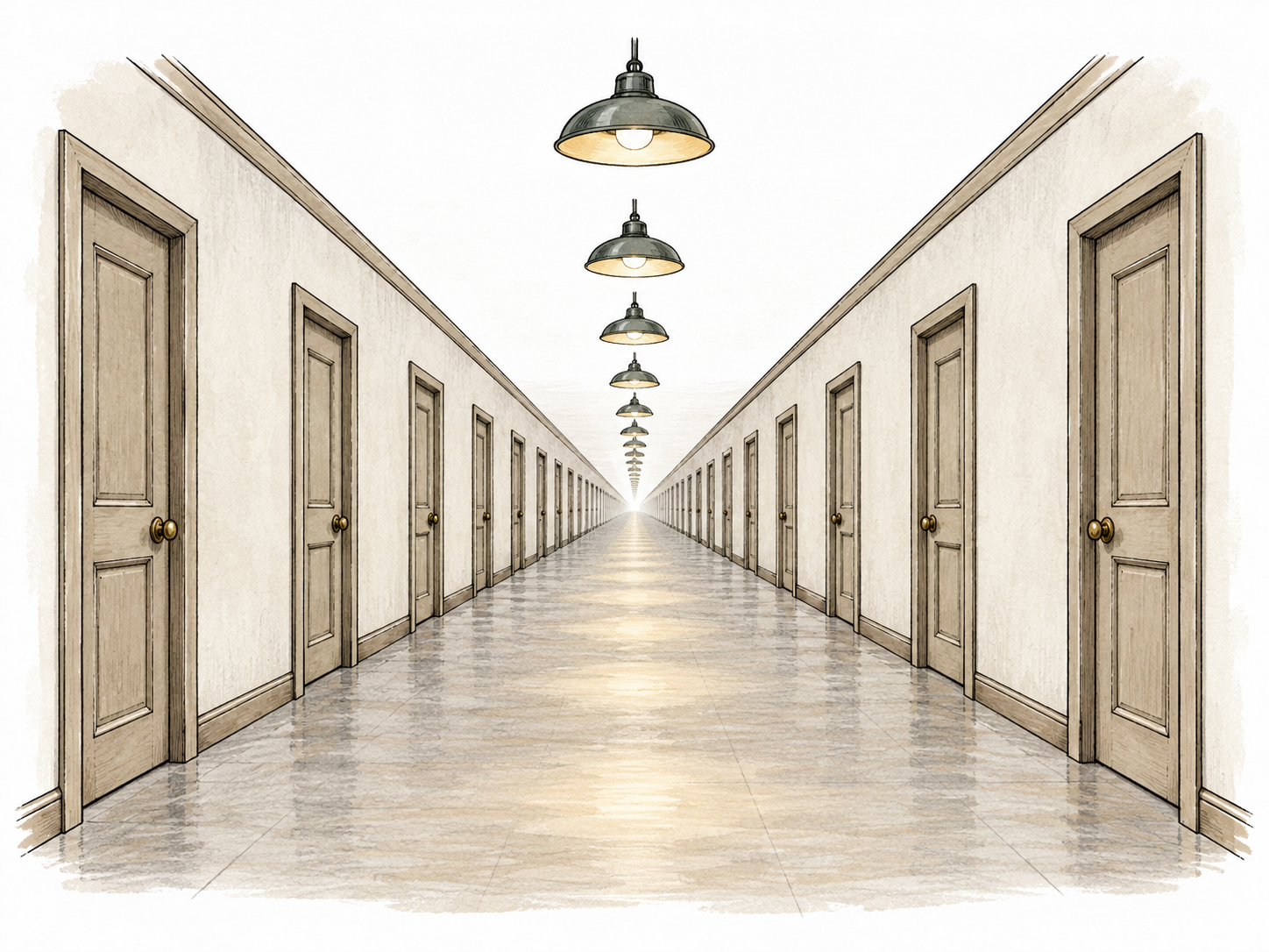 A long corridor of identical doors and identical overhead lamps recedes into dull sameness.