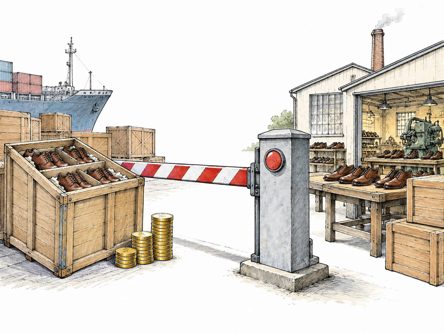 Editorial still life of customs barrier stopping incoming shipping crates at a border gate while domestic workshop behind barrier continues producing identical unbranded shoes; tiny raised-duty coin pile beside stopped crate makes trade restriction clear.