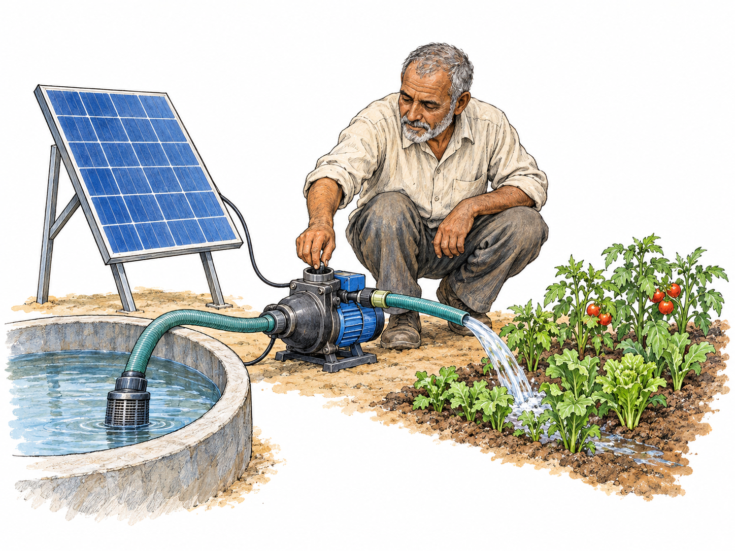 An older man uses a solar-powered irrigation system: a clearly connected solar panel powers a small pump that delivers water through a hose to vegetable plants, making a practical application of scientific tools visible.