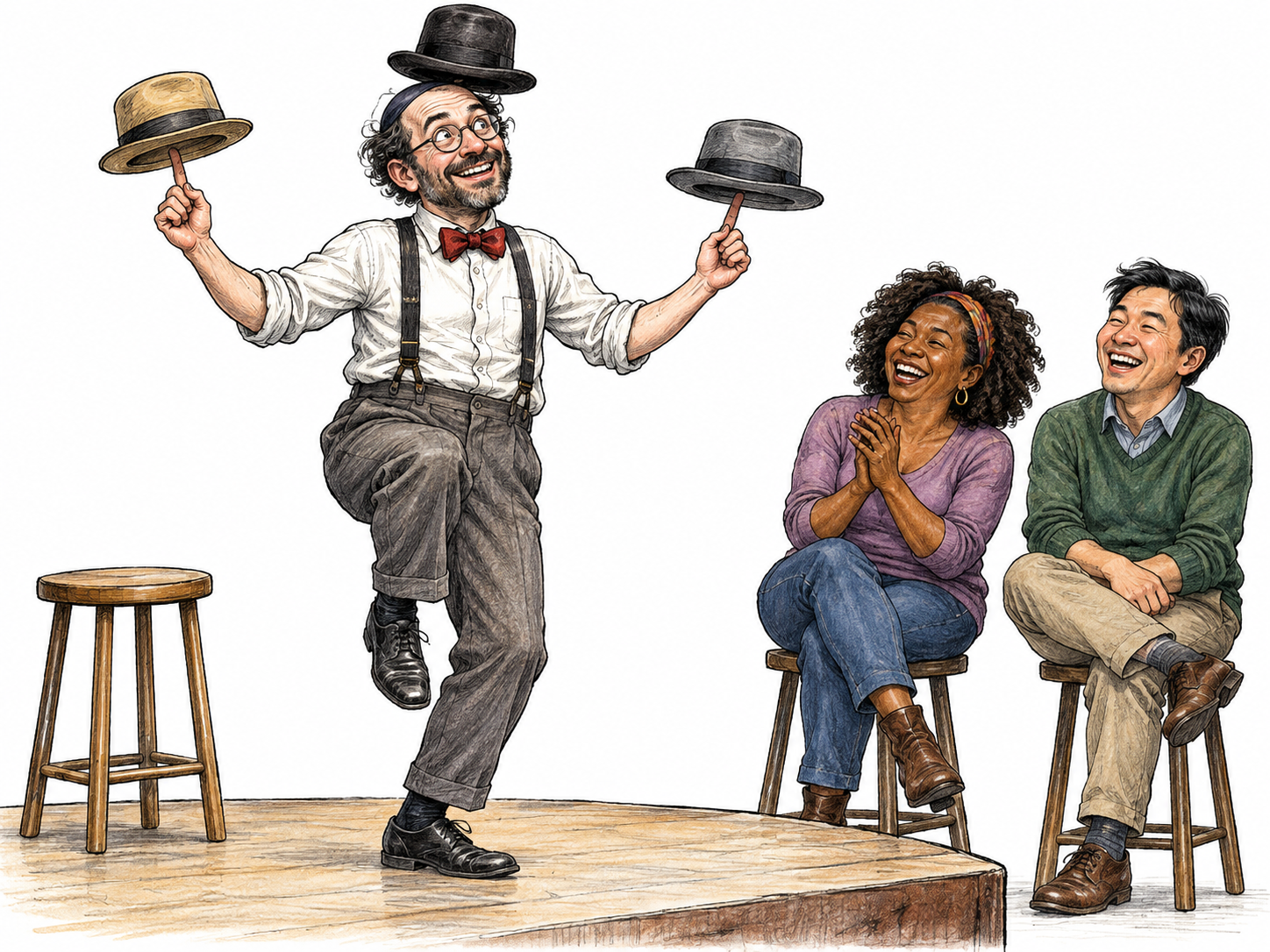 A comic performs a distinctive silly repeated hat-balancing routine, balancing three plain hats while the two seated audience members laugh; just three stools and a small platform edge.