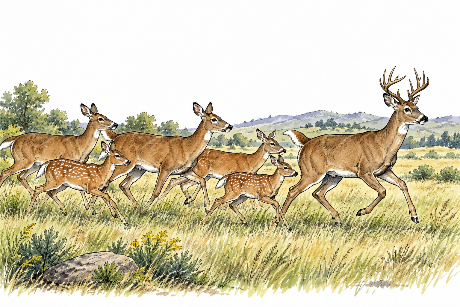 A cohesive herd of deer moves together across open grassland, same animal kind.