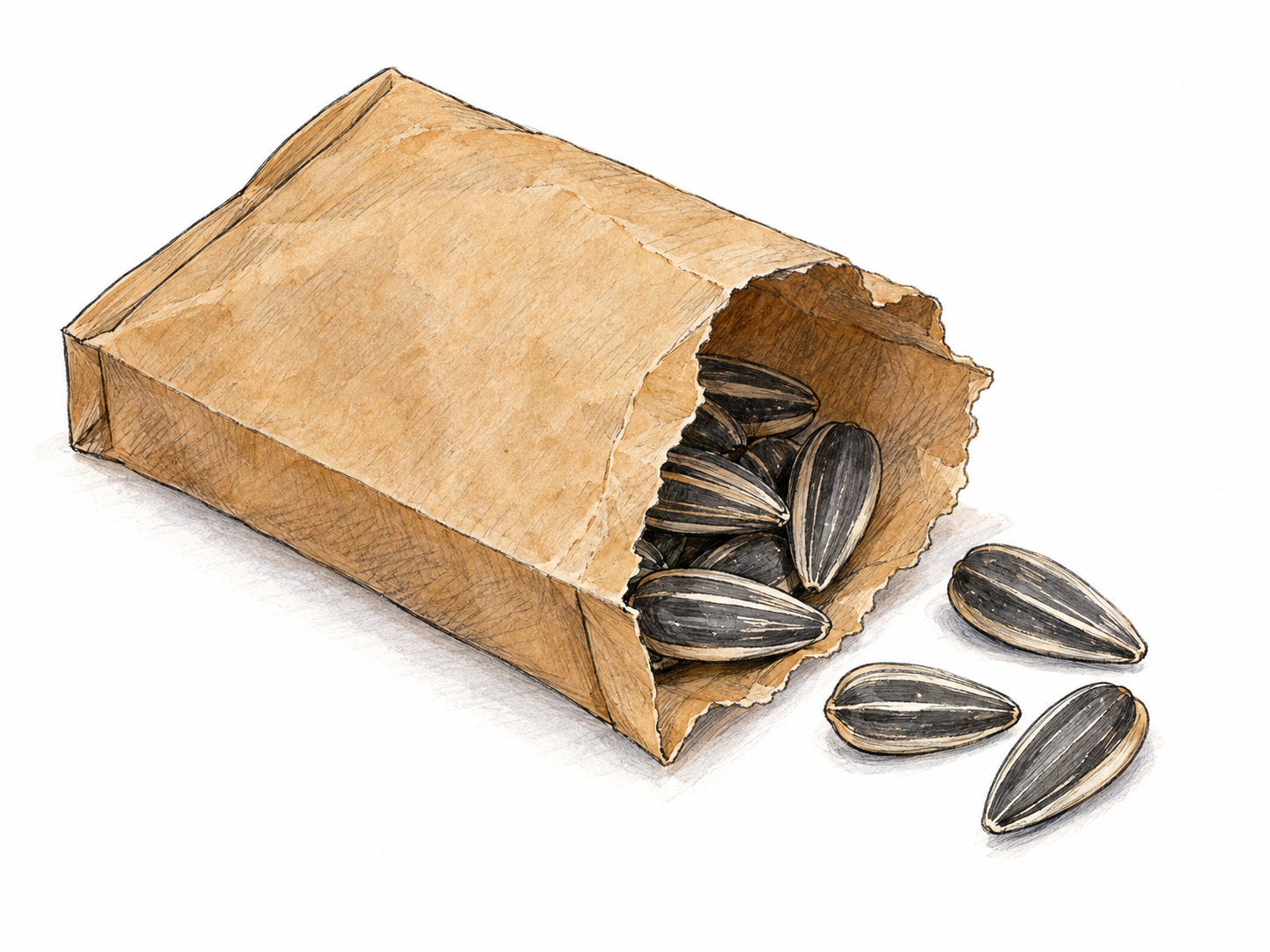 A small plain paper seed packet with its top torn open and a few seeds spilling out, clearly showing a compact container holding multiple small items.