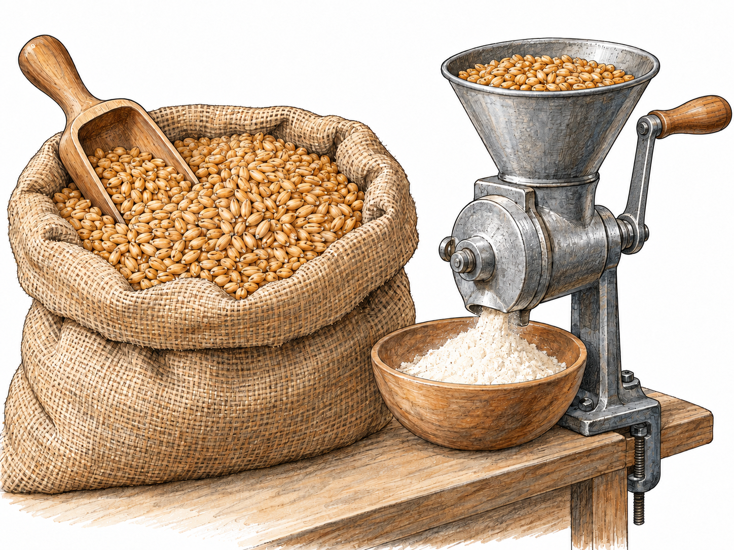 Clean wheat kernels ready for milling: an open sack of grain beside a small grain mill, with kernels filling its hopper and a little flour beneath its outlet.
