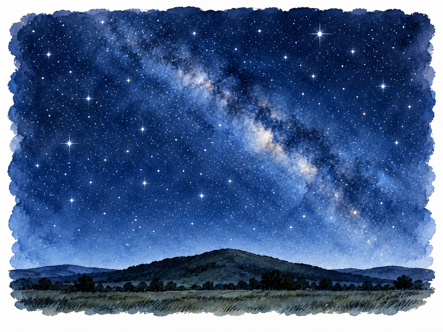 A grand expanse of starry night sky arches over a low distant hill silhouette, sky/heavens dominant, restrained dark-blue watercolor with crisp small stars and white paper margins.
