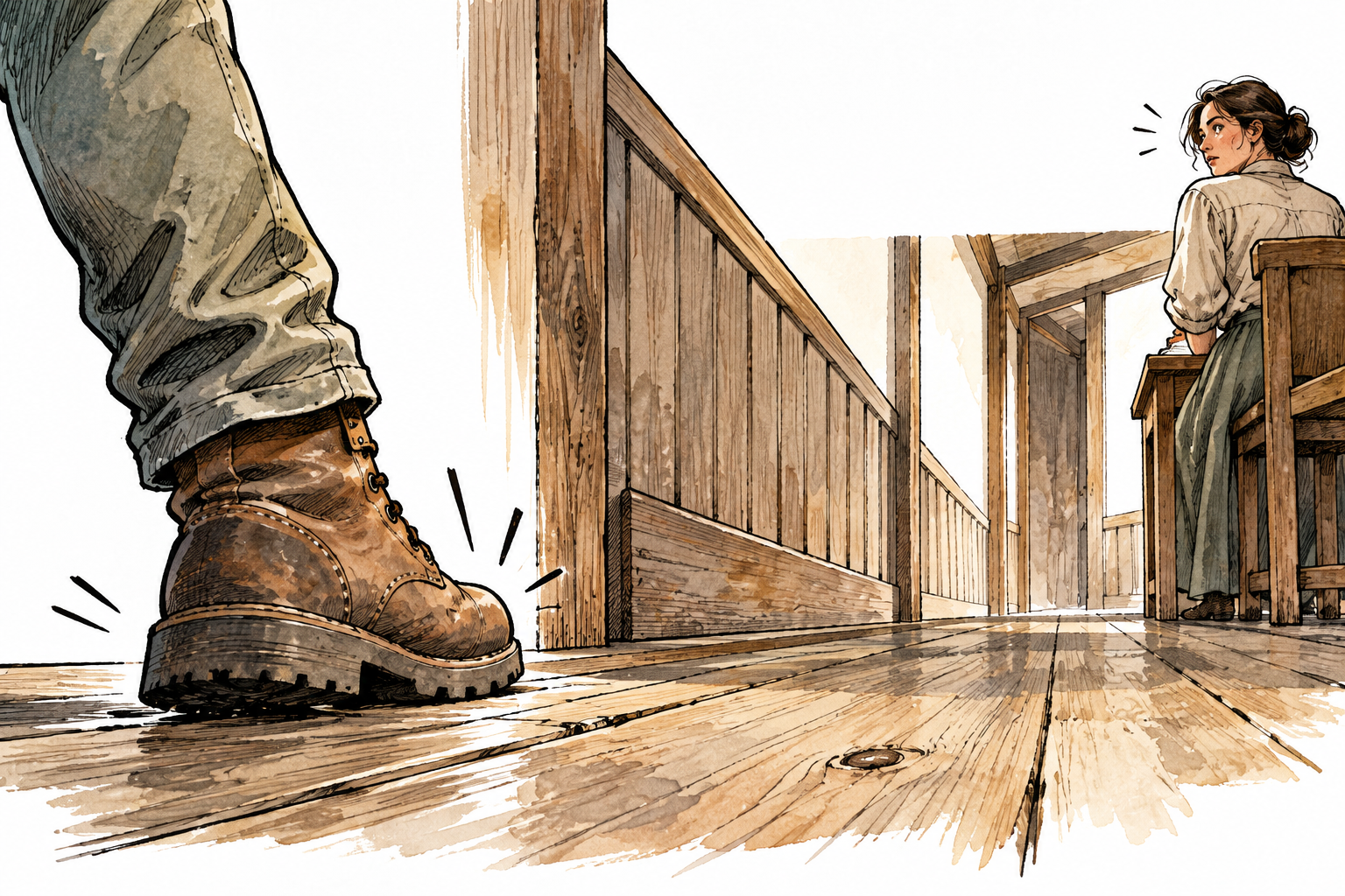 A boot lands on hollow wooden corridor floor as nearby listener turns toward the step, restrained motion marks, no letters.