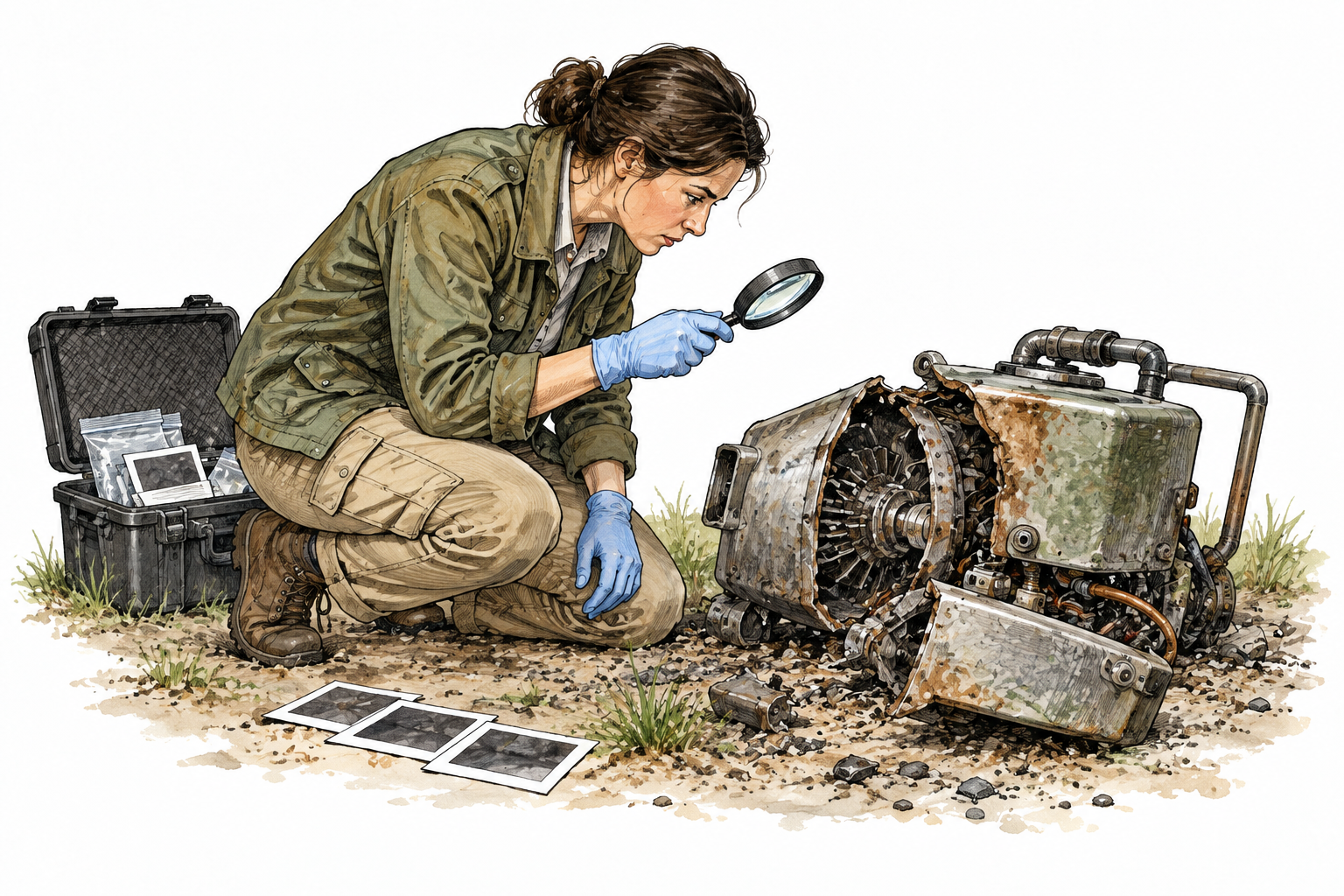 An investigator carefully examines a broken machine with magnifying glass and unmarked evidence photographs, thorough investigation.