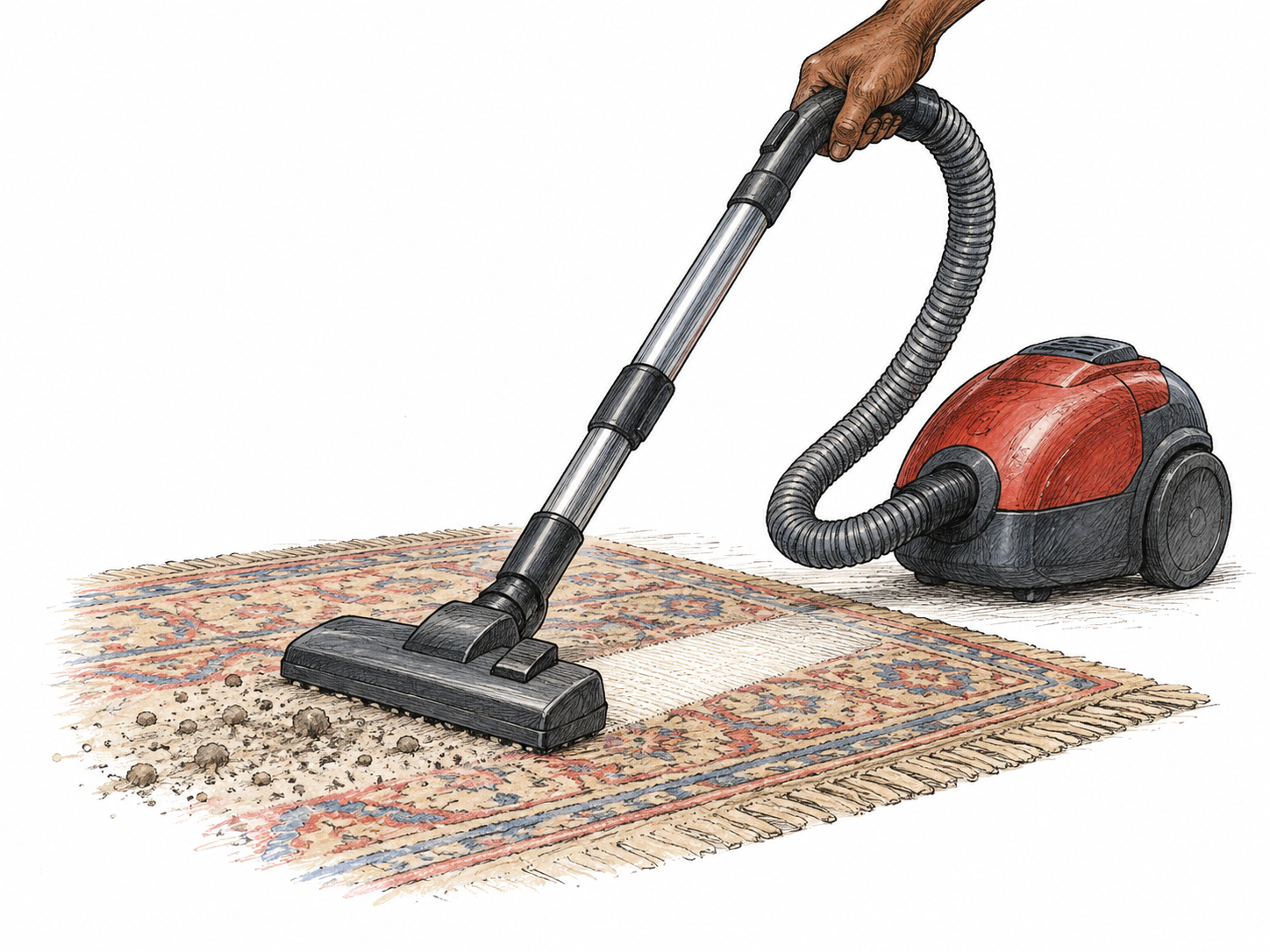 An ordinary canister vacuum cleaner with hose and floor head draws a small line of dust from a rug, visible clean strip behind the head; no labels or symbols.