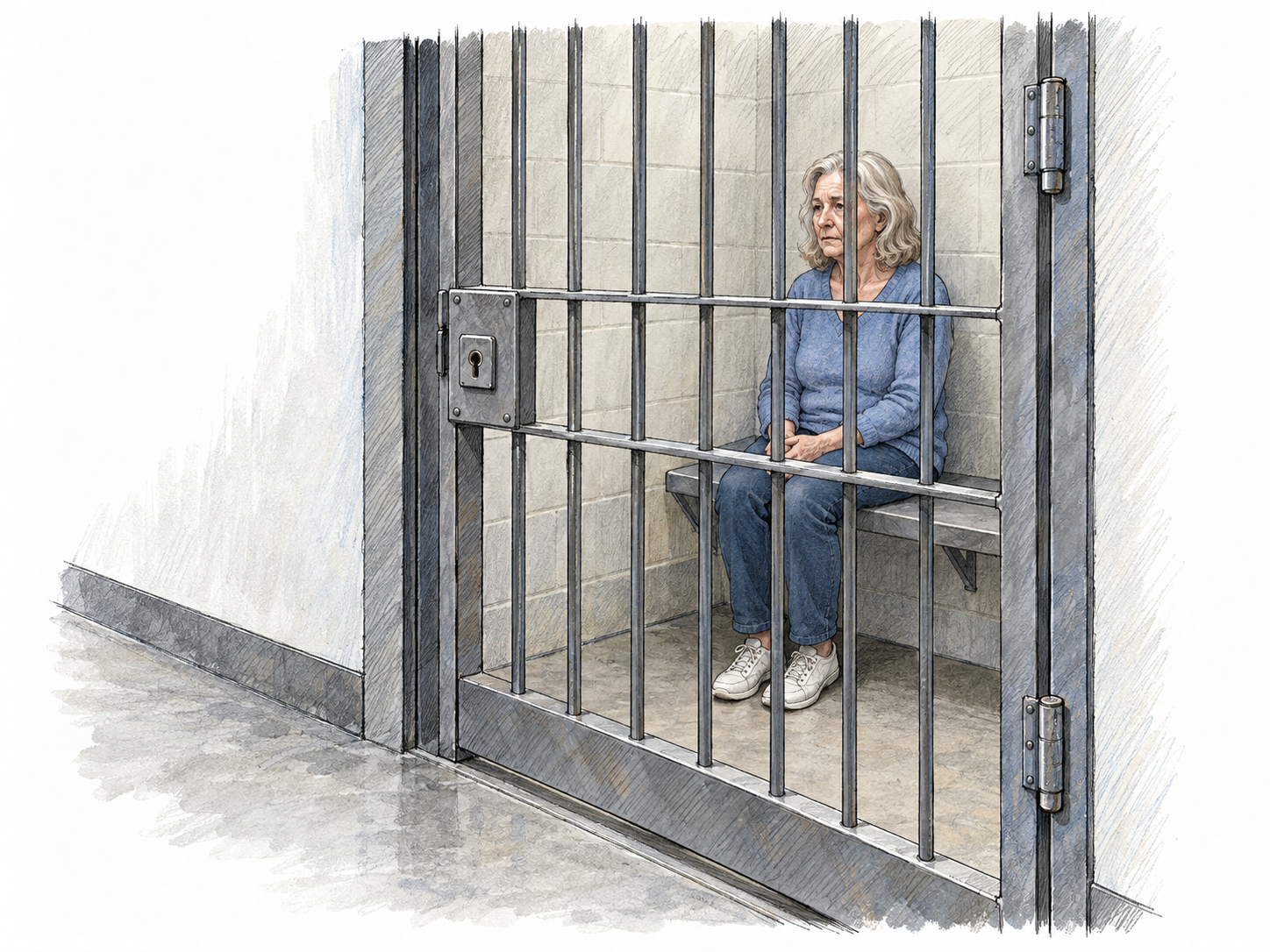 An older woman sits on a fixed bench inside a locked holding cell, visibly separated from the empty corridor by a closed barred door and solid lock housing.