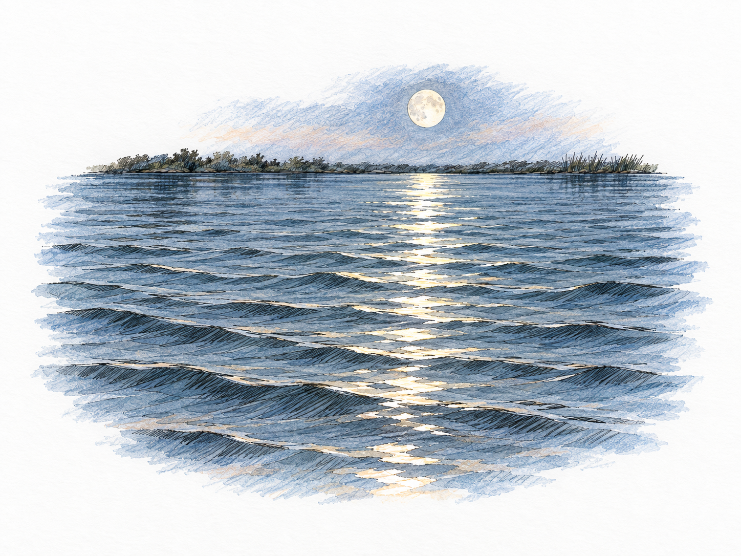 Soft moonlight shimmers across gently rippling water, its reflection broken into wavering, irregular silver bands.