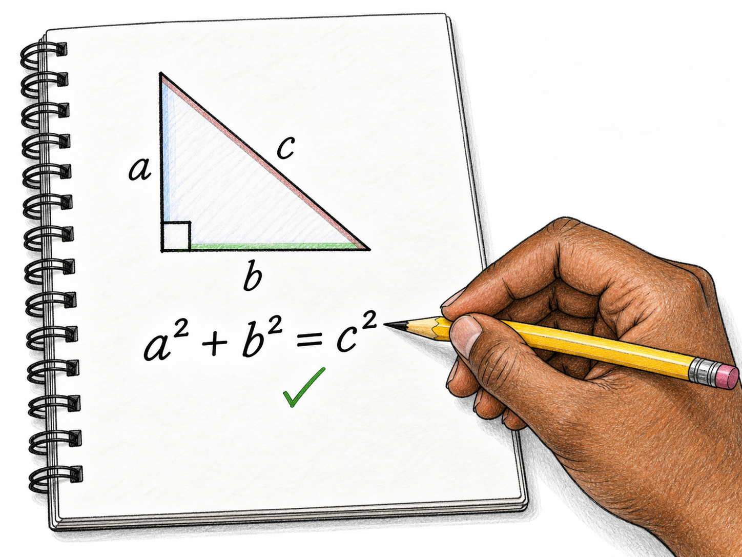 Notebook displays clean correct Pythagorean theorem: right triangle with legs labeled a and b and hypotenuse c, right-angle square at corner, beneath exactly a² + b² = c² and small checkmark.