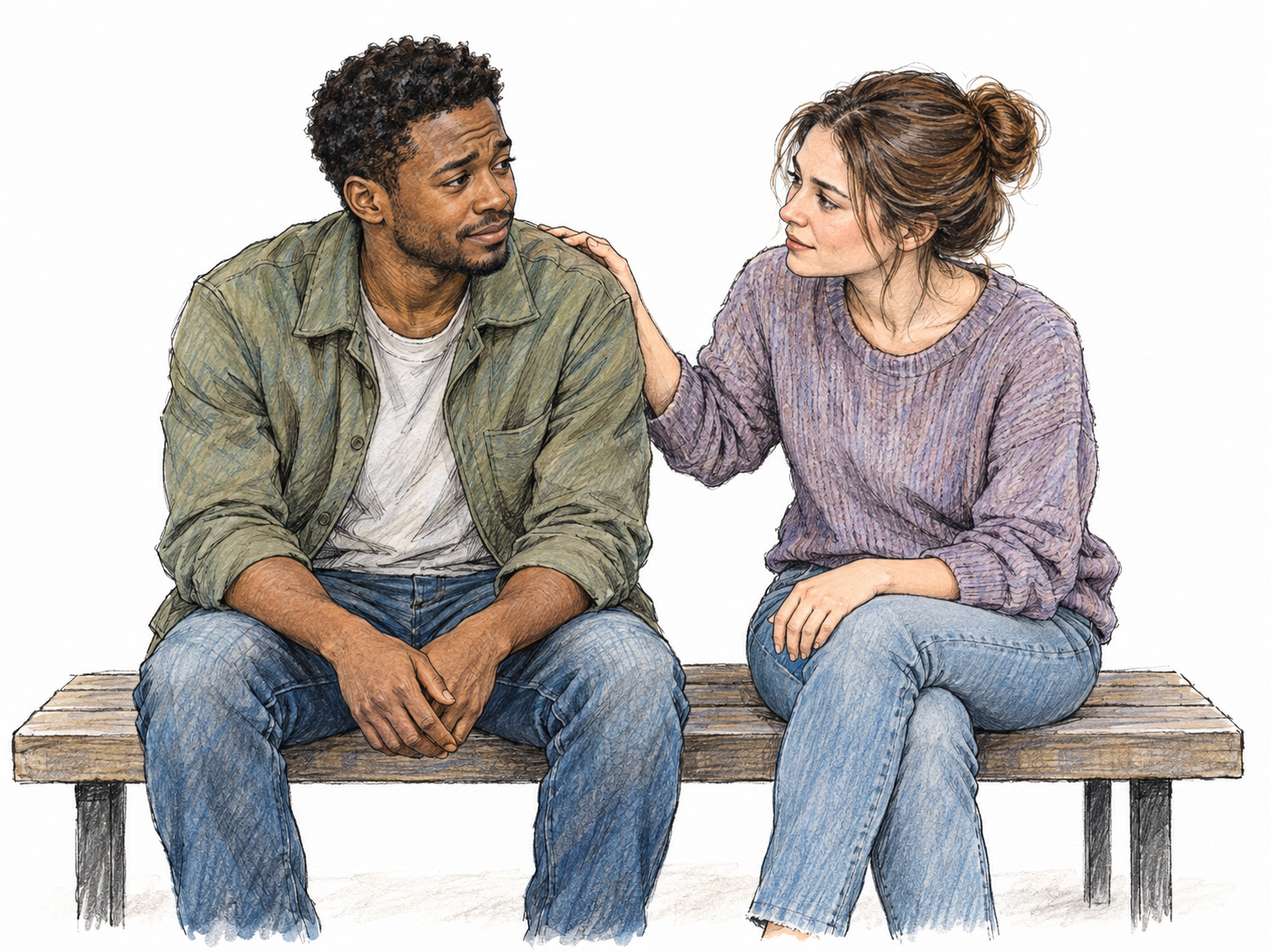 A worried young man begins to relax as a friend sits beside him and gently rests a reassuring hand on his shoulder; his lingering concern and easing posture show an unpleasant feeling becoming less intense.