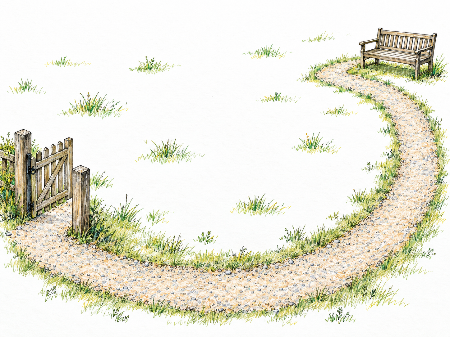 A winding garden path takes a conspicuous detour from a small open gate to a nearby bench, illustrating a route that does not follow the shortest path.