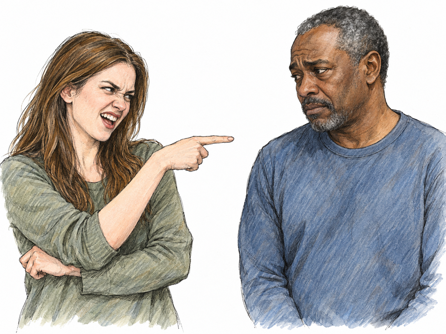 A young adult white woman openly mocks an older adult Black man with a sneering laugh and a dismissive pointing gesture; he stands nearby with a restrained, hurt expression.
