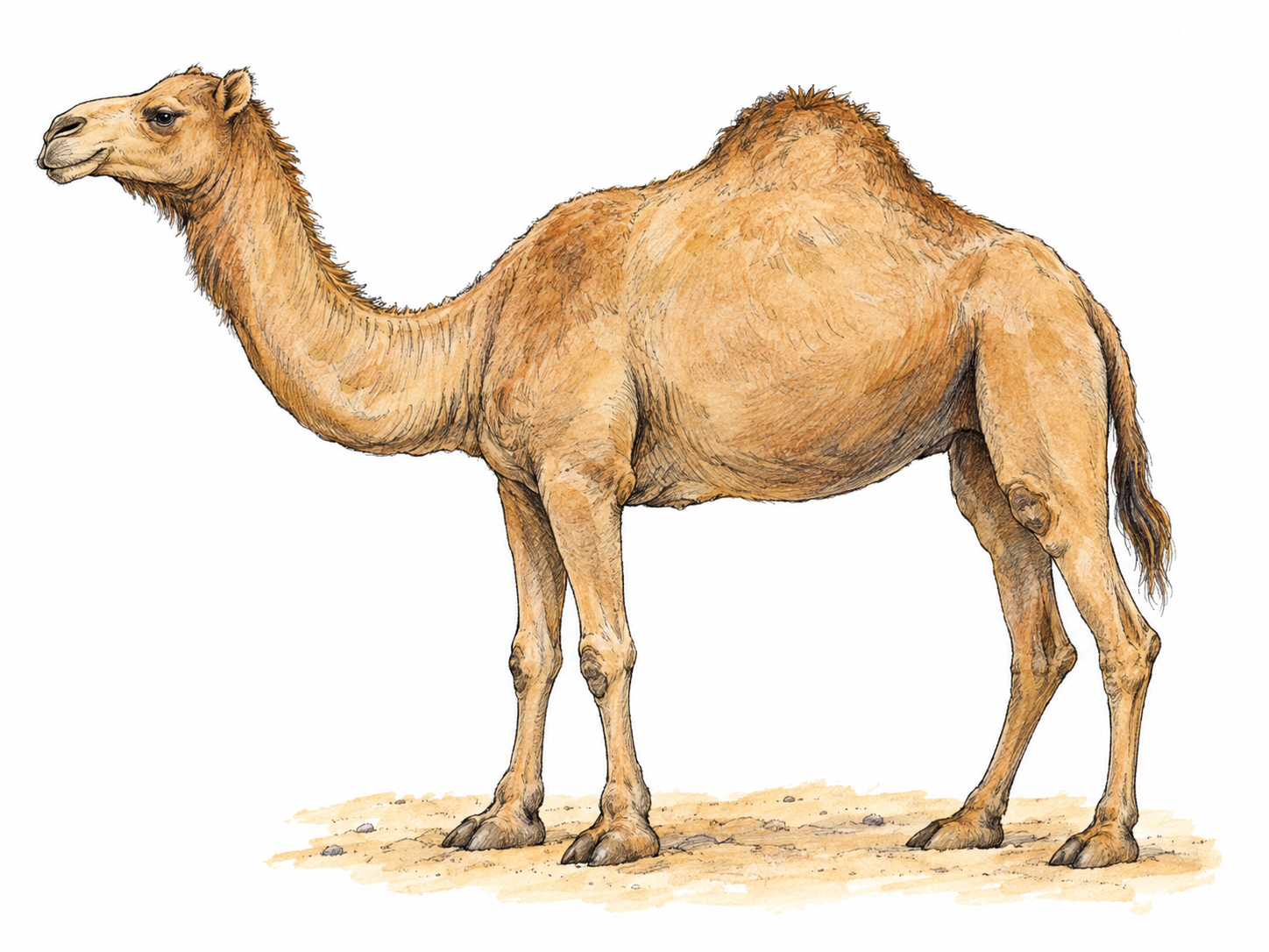 A single adult dromedary shown in clear side profile, with its one hump fully visible and no saddle or load obscuring its silhouette.