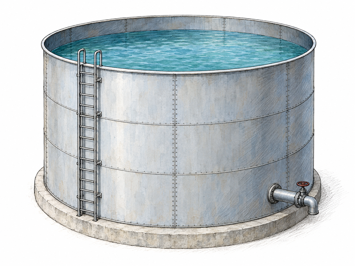 A large freestanding cylindrical water-storage tank, viewed slightly from above through its wide open top so the contained water is clearly visible.