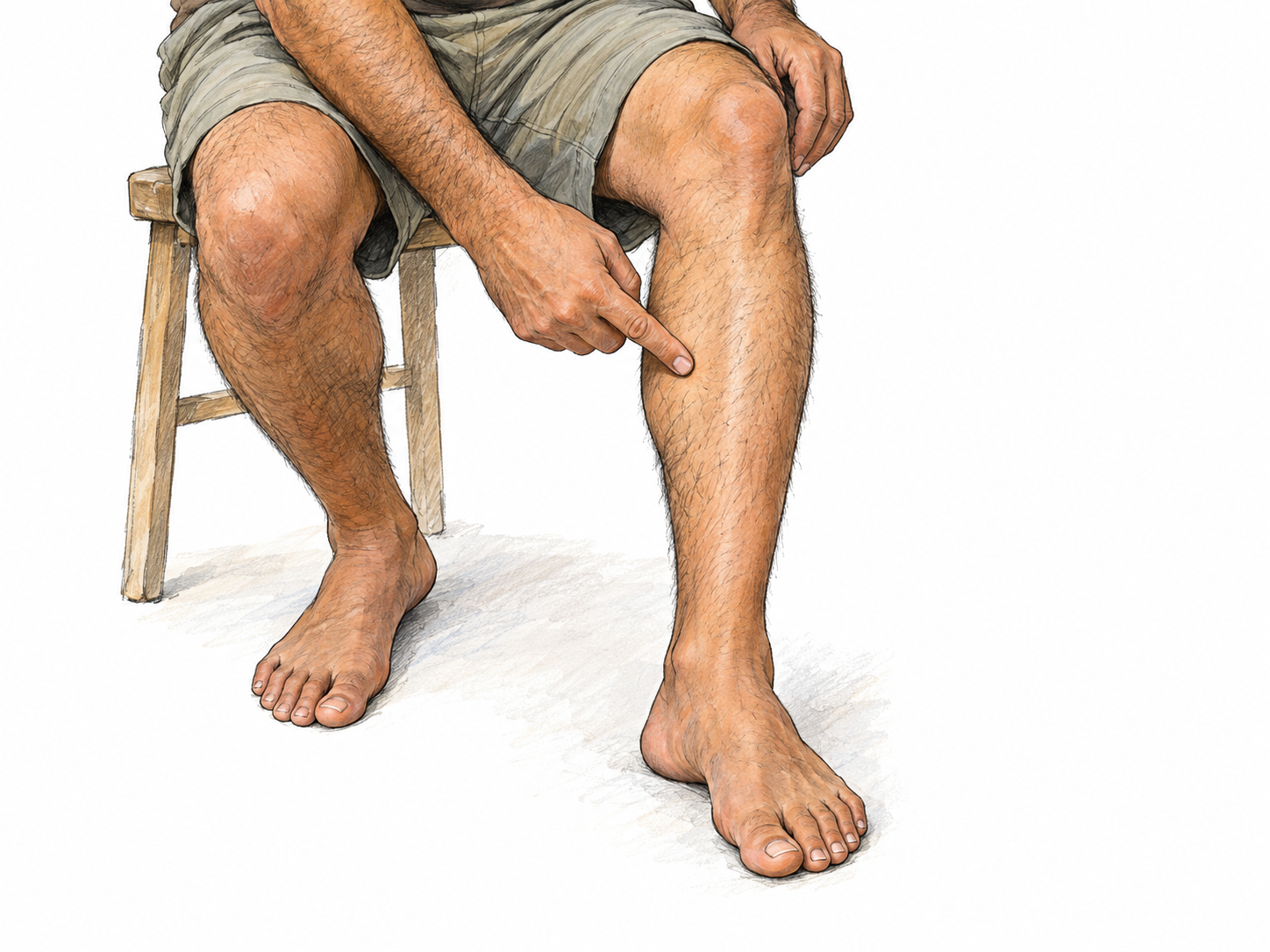 A close view of a seated man's bare lower leg, with his fingertip touching the front ridge midway between knee and ankle.