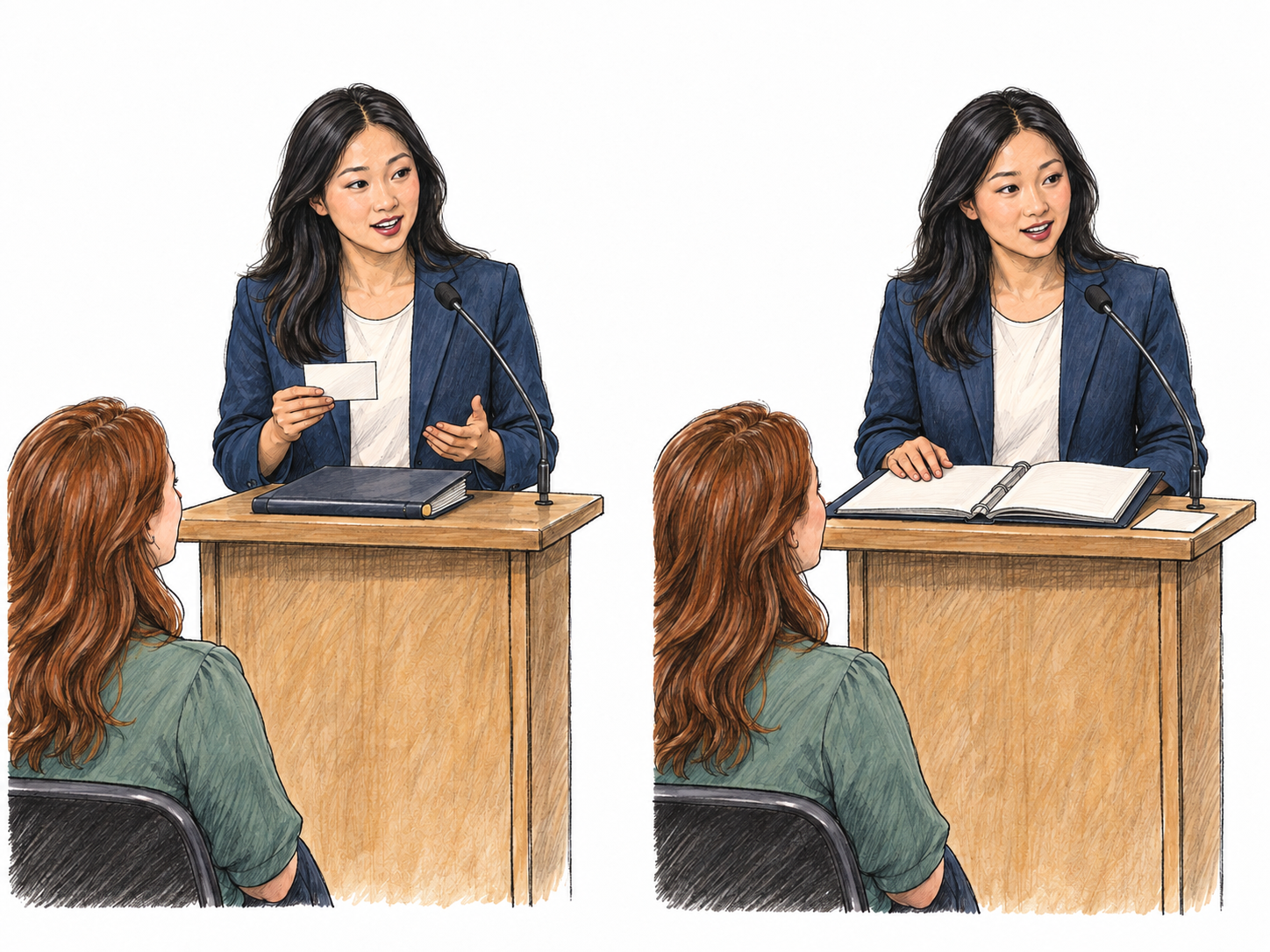 A compact two-stage view of opening remarks followed by the main formal address: the same speaker first addresses a listener from a small introductory card resting above a closed presentation binder, then sets that card aside and begins speaking from the opened binder.