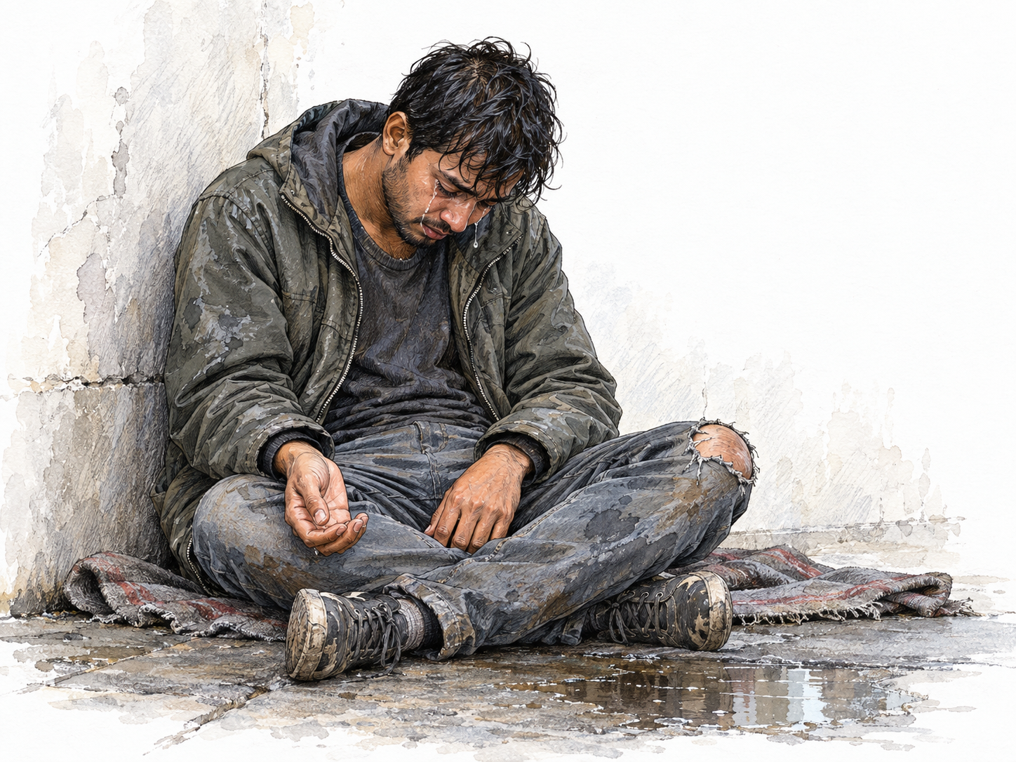 A young man sits collapsed on cold pavement beside a bare wall, wearing worn, rain-soaked clothing.
