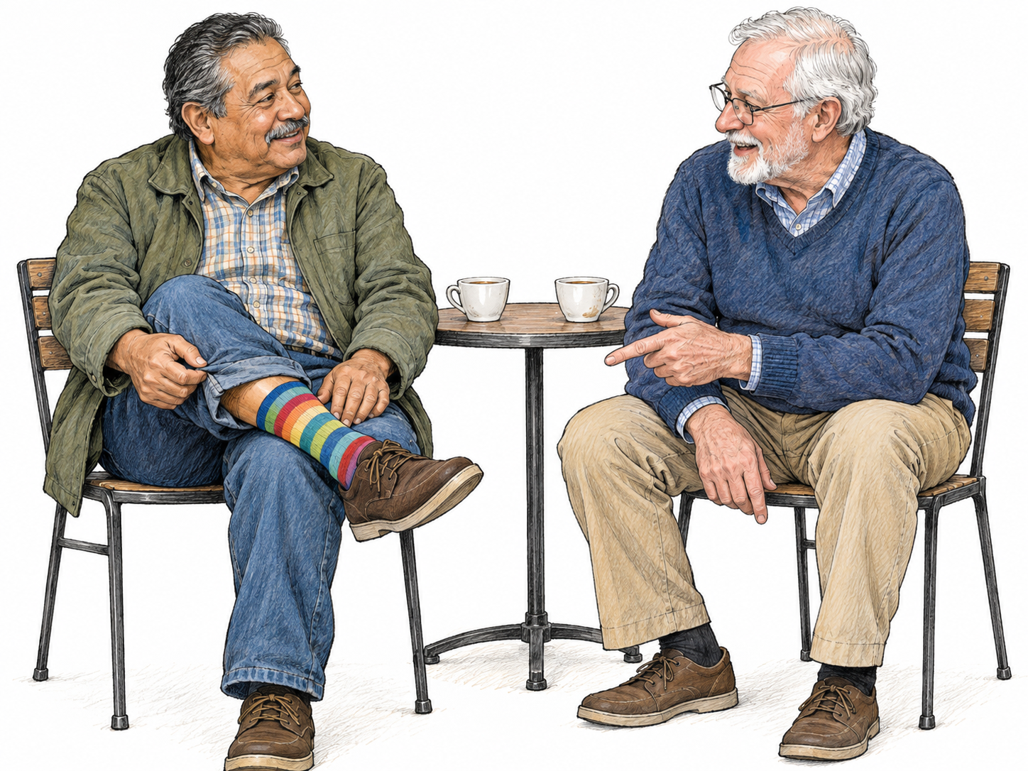 Two older friends linger over nearly finished coffee, cheerfully chatting about the conspicuously patterned sock one has lifted into view.