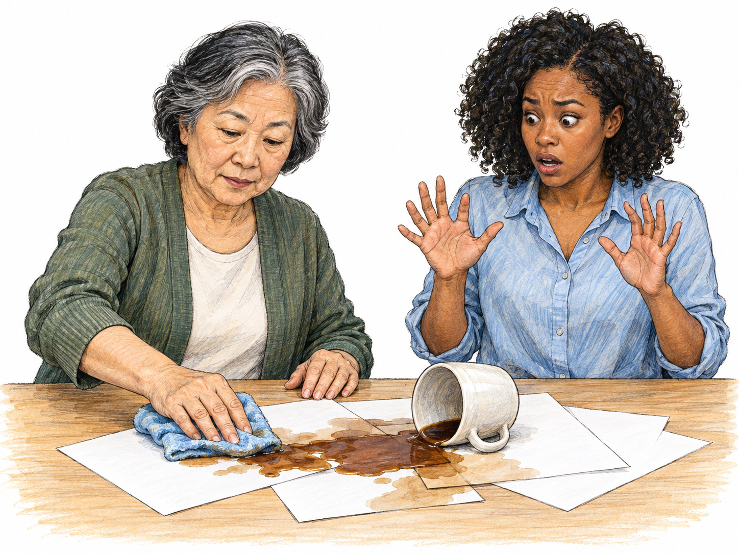 An older woman remains visibly composed when coffee spills across her work, calmly blotting the puddle while a younger colleague reacts with alarm.