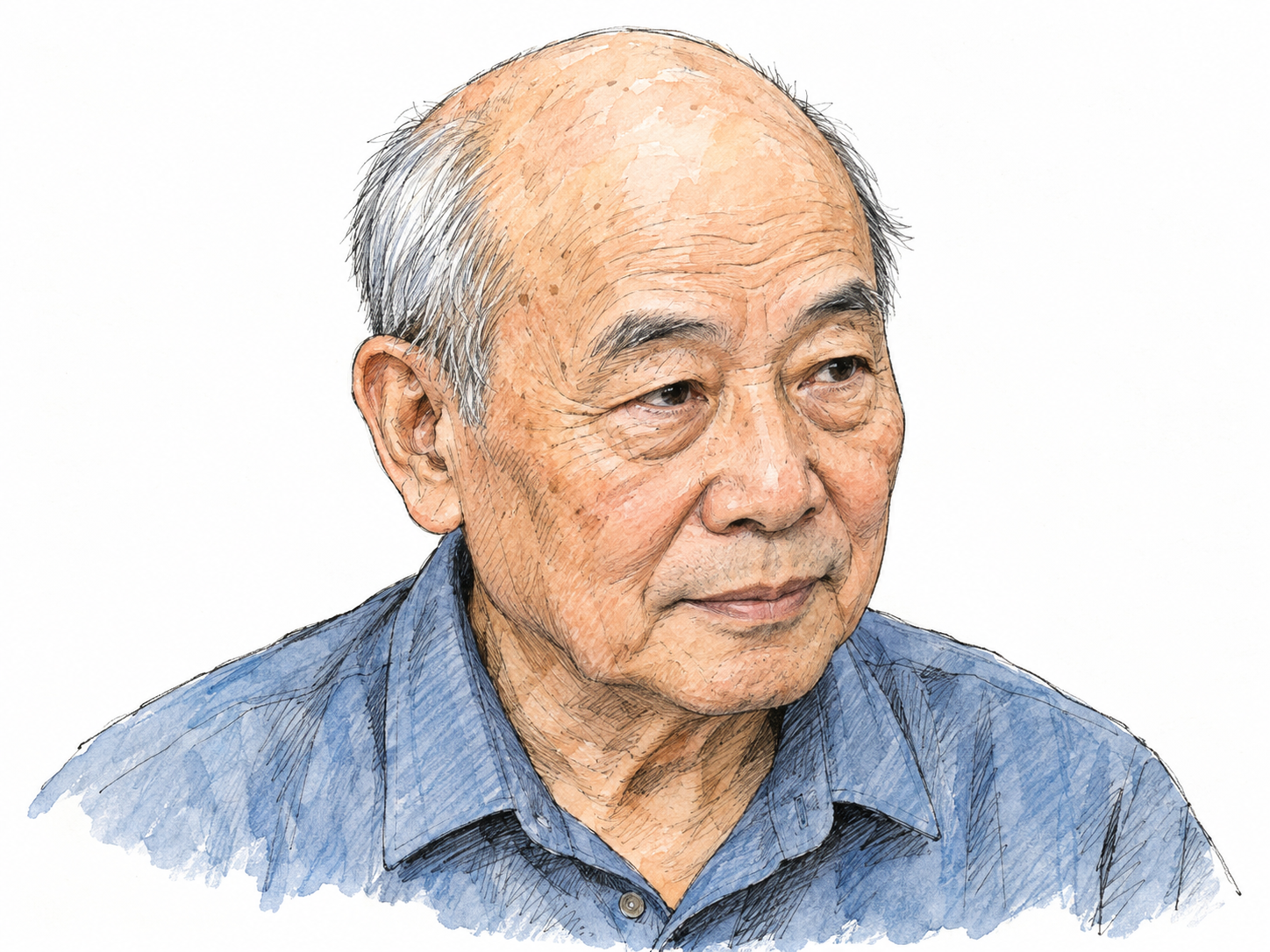 A close three-quarter portrait of an older man with a prominently bare crown and only a thin fringe of gray hair around the sides and back of his head.