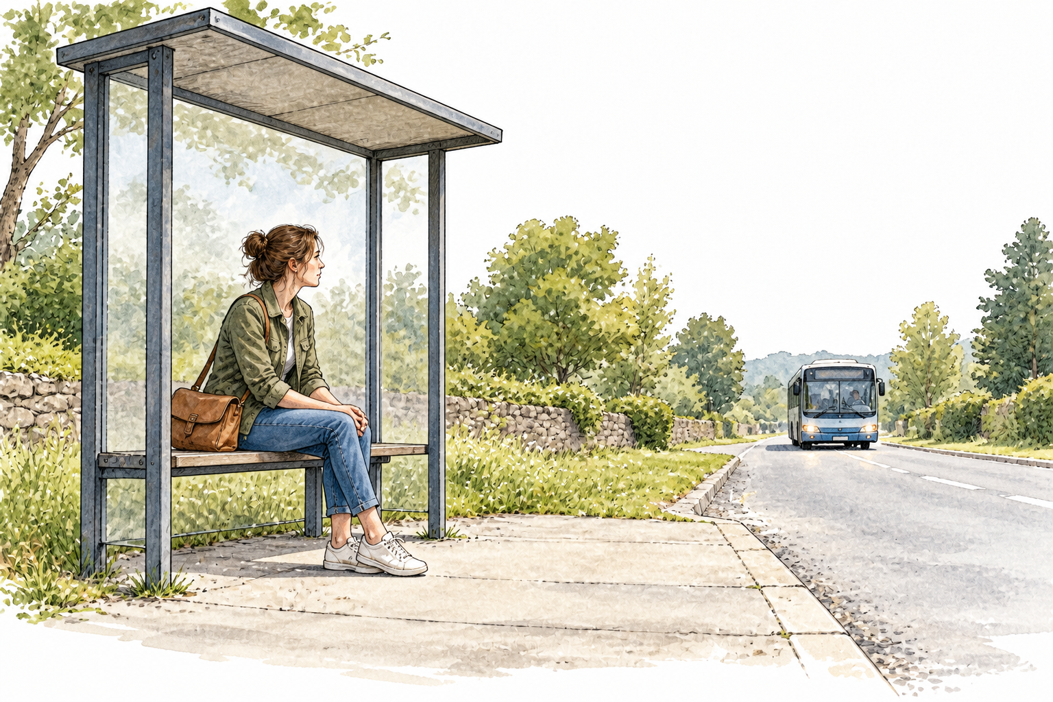 A woman patiently waits seated at a plain bus shelter, distant approaching bus, calm delay, no signs or writing.