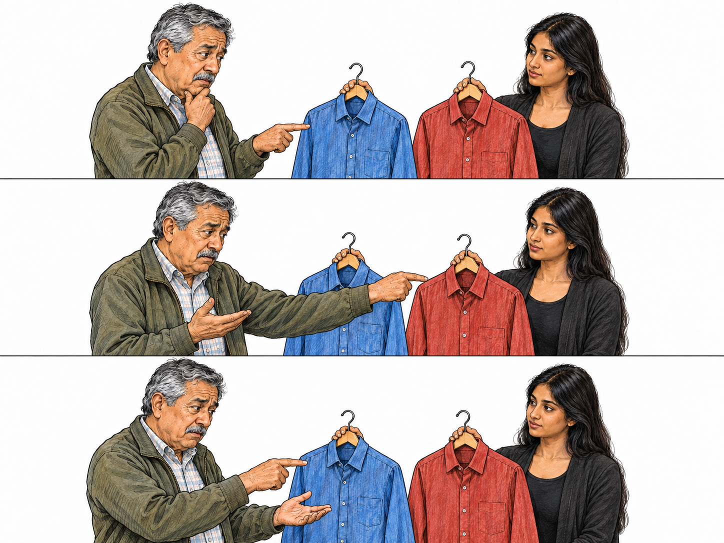 An older man wavers between two shirts while a shop assistant holds both up.