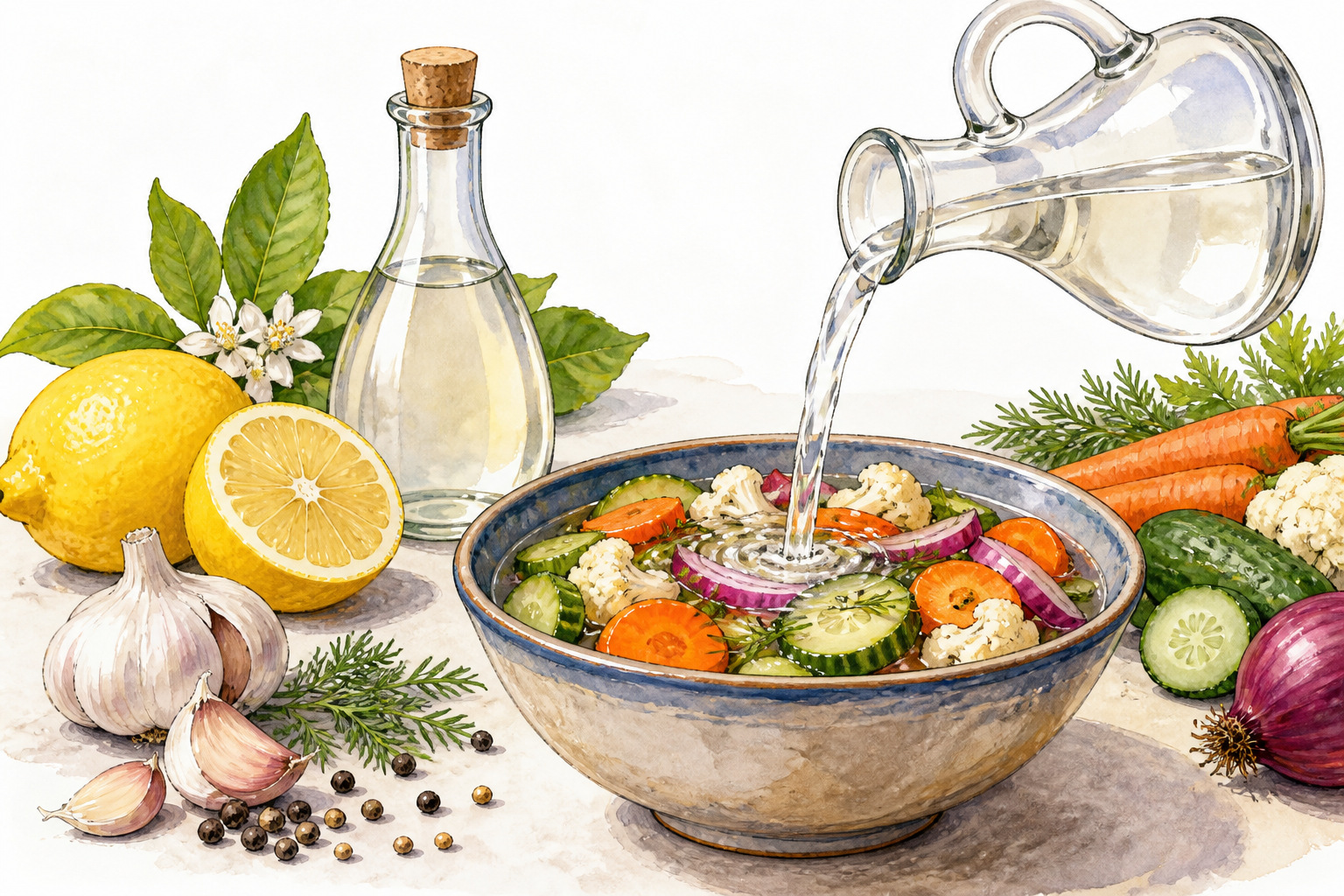 Plain vinegar cruet pours into bowl of pickled vegetables, cutaway lemon-like acidity conveyed by fresh vinegar ingredients, no writing.