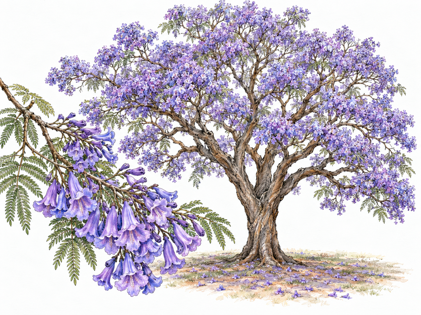 A flowering jacaranda tree with a spreading crown of purple-blue flower clusters, plus a foreground branch showing its trumpet-shaped blossoms and delicate fernlike leaves.