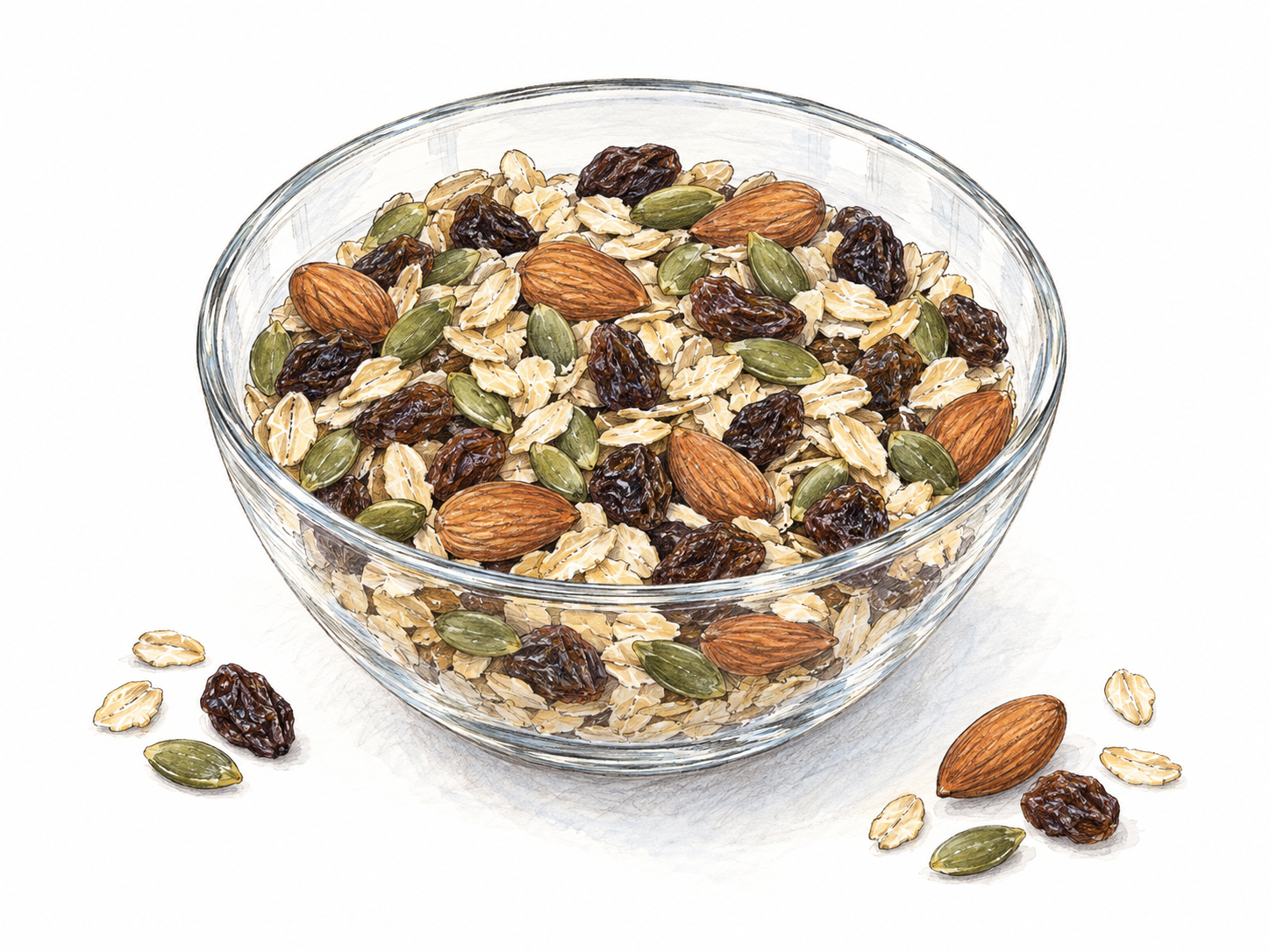 A clear glass bowl containing a visibly intermingled mixture of rolled oats, raisins, pumpkin seeds, and almonds, with a few matching ingredients scattered beside it.