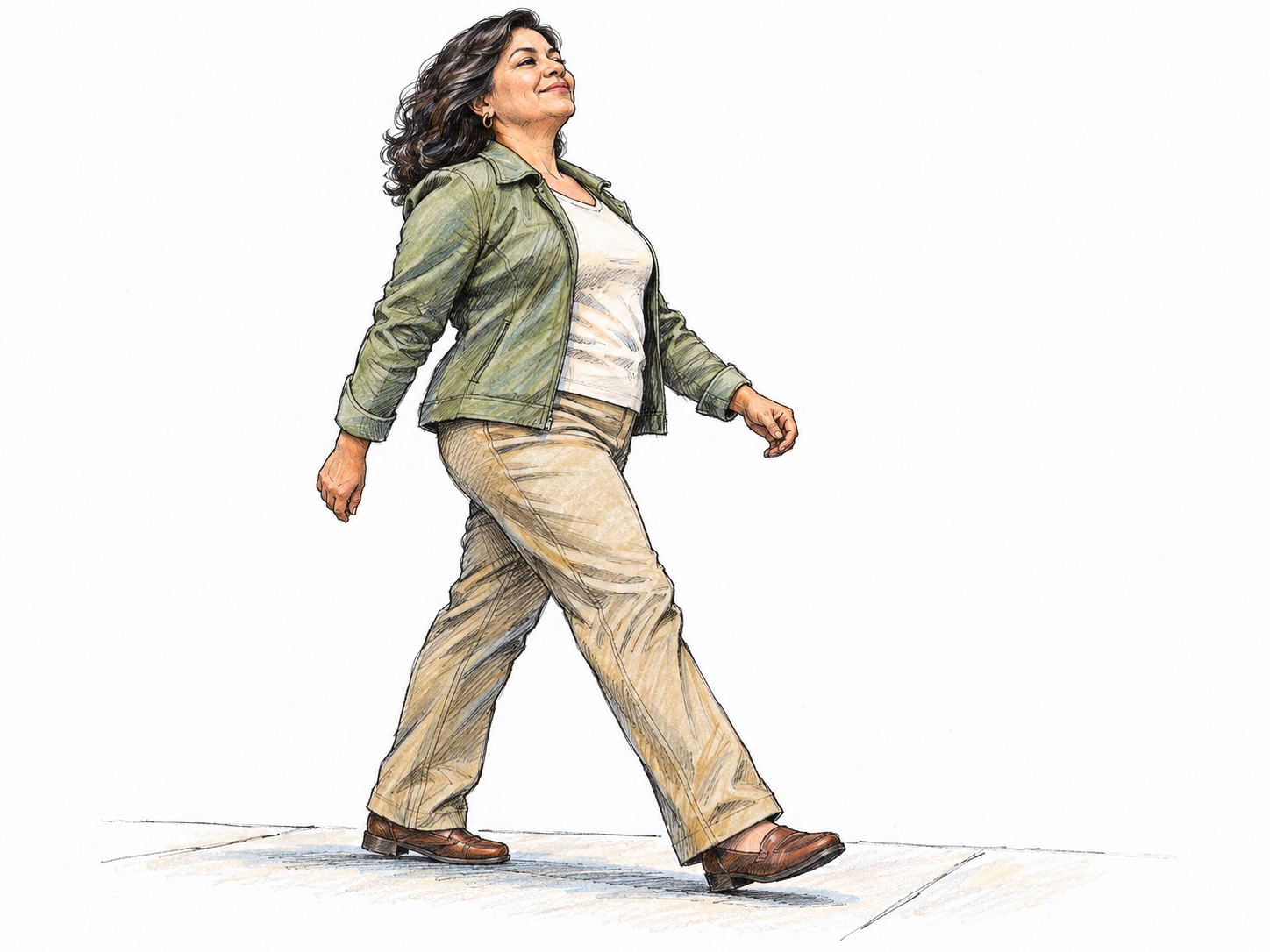 A middle-aged Latino woman struts across a minimal modern sidewalk, chin lifted and chest forward, taking a stiff, deliberate step with unmistakably proud, showy posture.
