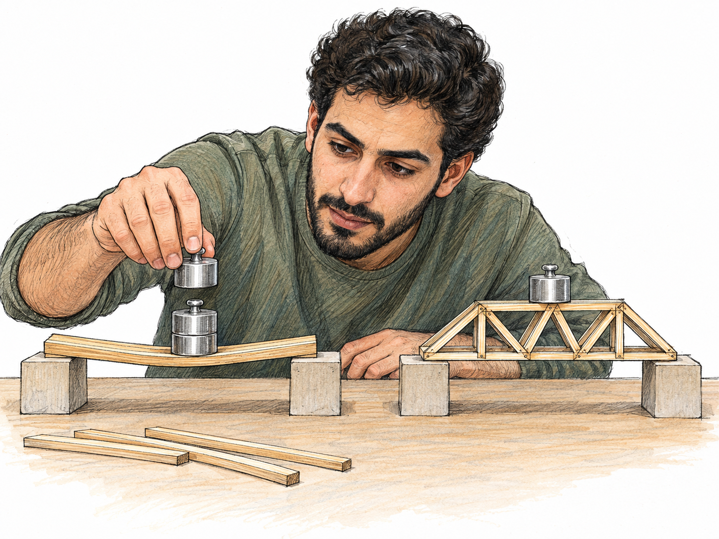 A designer tests alternative bridge structures using small tabletop models, adding a weight to one while comparing its bending with another design.
