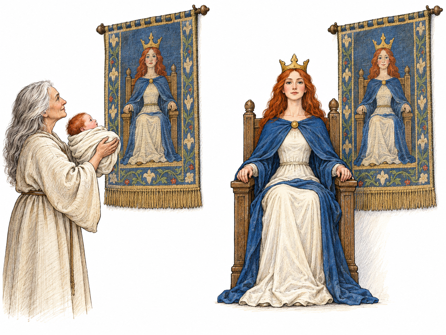 A destiny pictured at birth becomes the person's actual outcome: a newborn is presented before an already-completed tapestry of a crowned queen; the second scene shows that same child grown into the queen pictured in the unchanged tapestry.