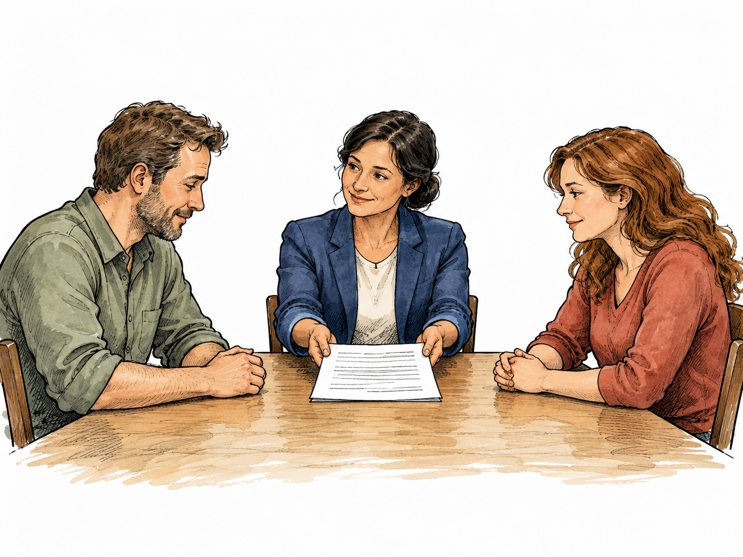 A mediator offers a written compromise across a table; disputing adults relax and lower their hands.