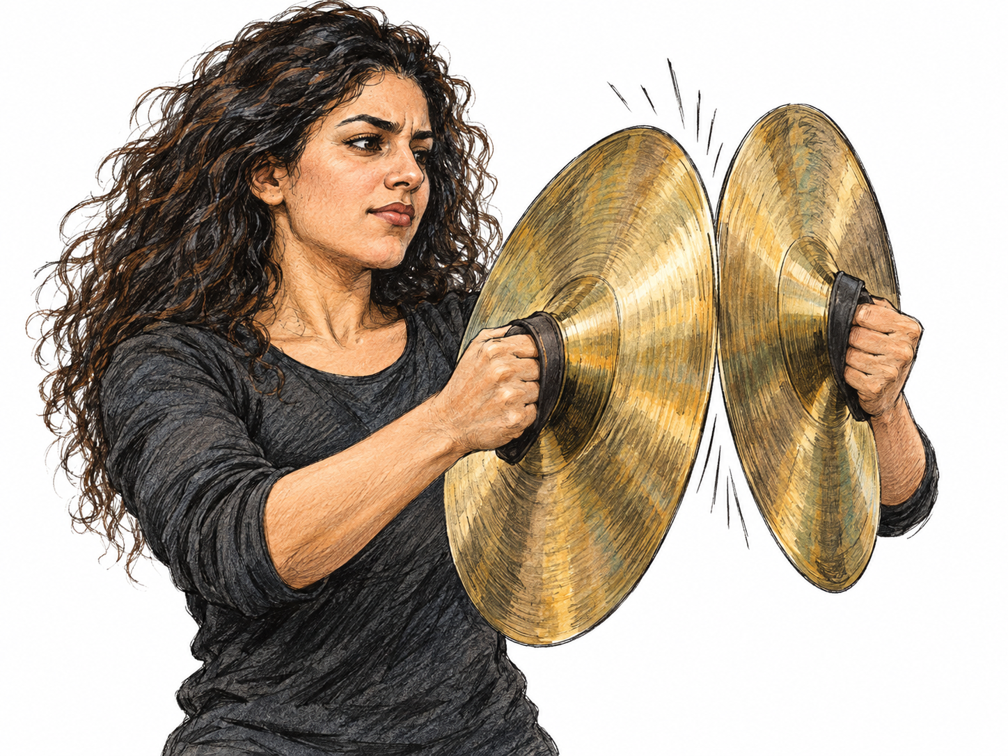 A percussionist forcefully clashes two handheld brass cymbals together, capturing the instant their rims strike.
