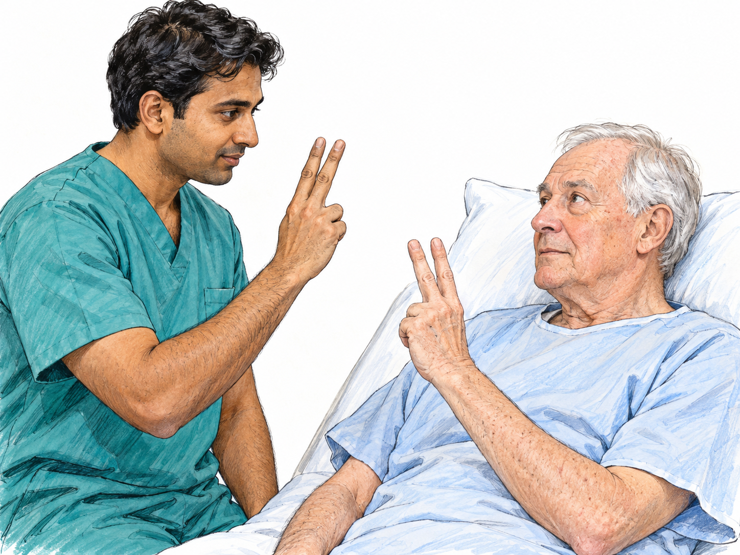 An alert patient on a reclined examination bed makes direct eye contact with a clinician and deliberately mirrors his raised two-finger gesture, visibly demonstrating wakefulness, perception, and purposeful response.
