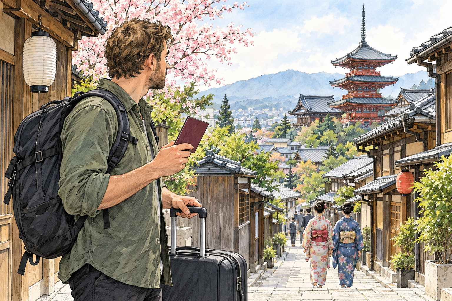 Traveler arrives in visibly different country: luggage, passport with no readable writing, distant Japanese temple and street architecture, white adult visitor observes respectfully.