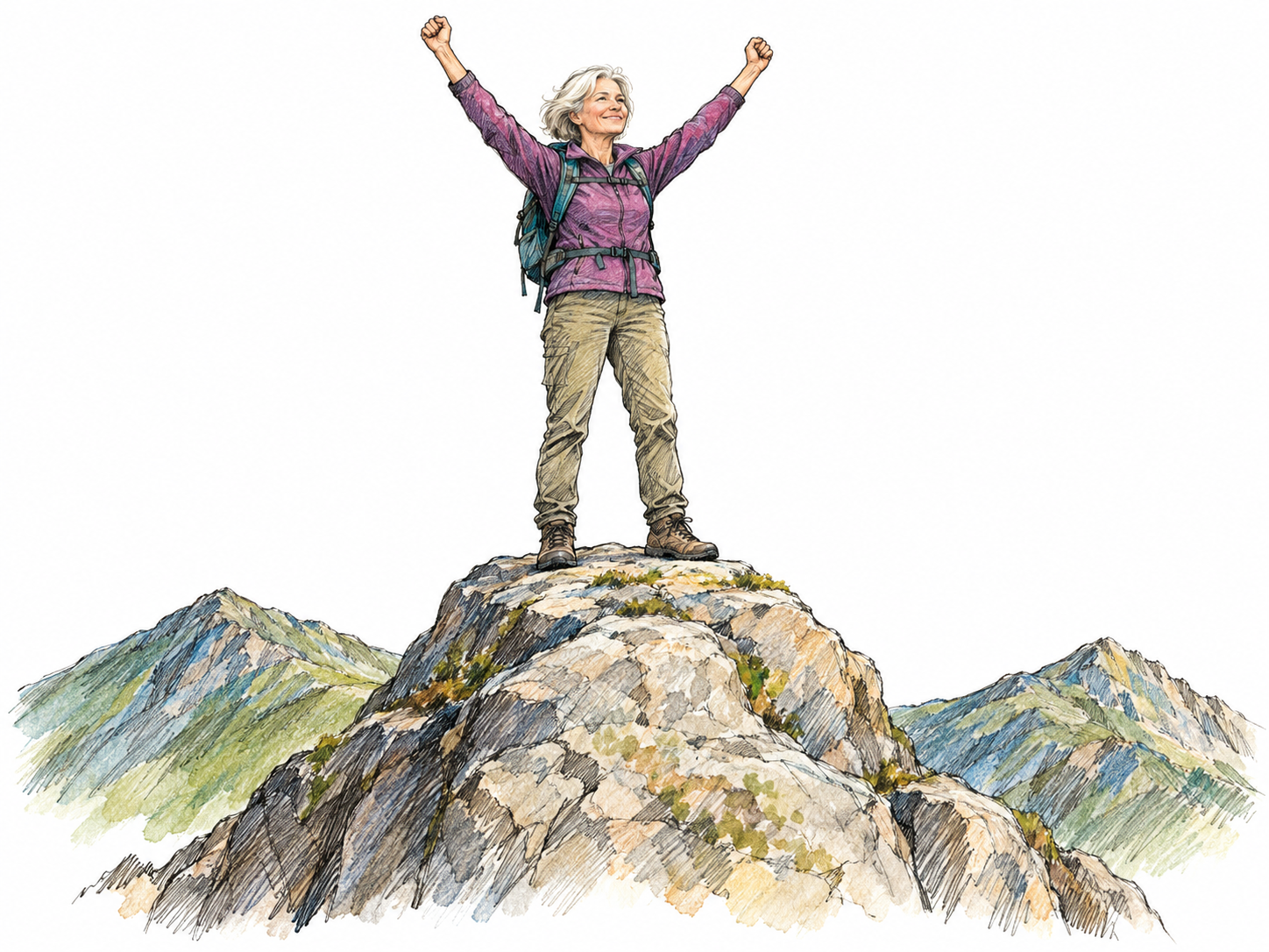 An older woman climber stands triumphantly on the highest point of a mountain, with lower ridges beneath her, making the summit a concrete image of peak achievement.