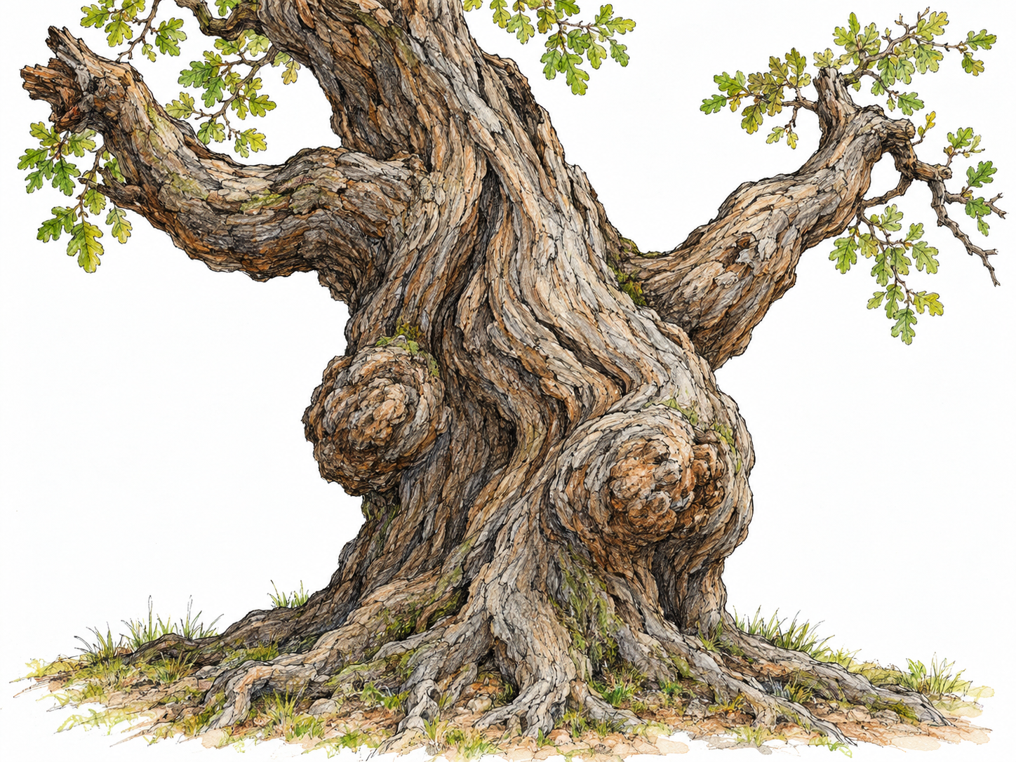 A close view of an old tree's stout, contorted trunk and crooked low branches, with conspicuous swollen knots, burls, and deeply ridged bark visibly demonstrating twisted, knotted, rough shape.