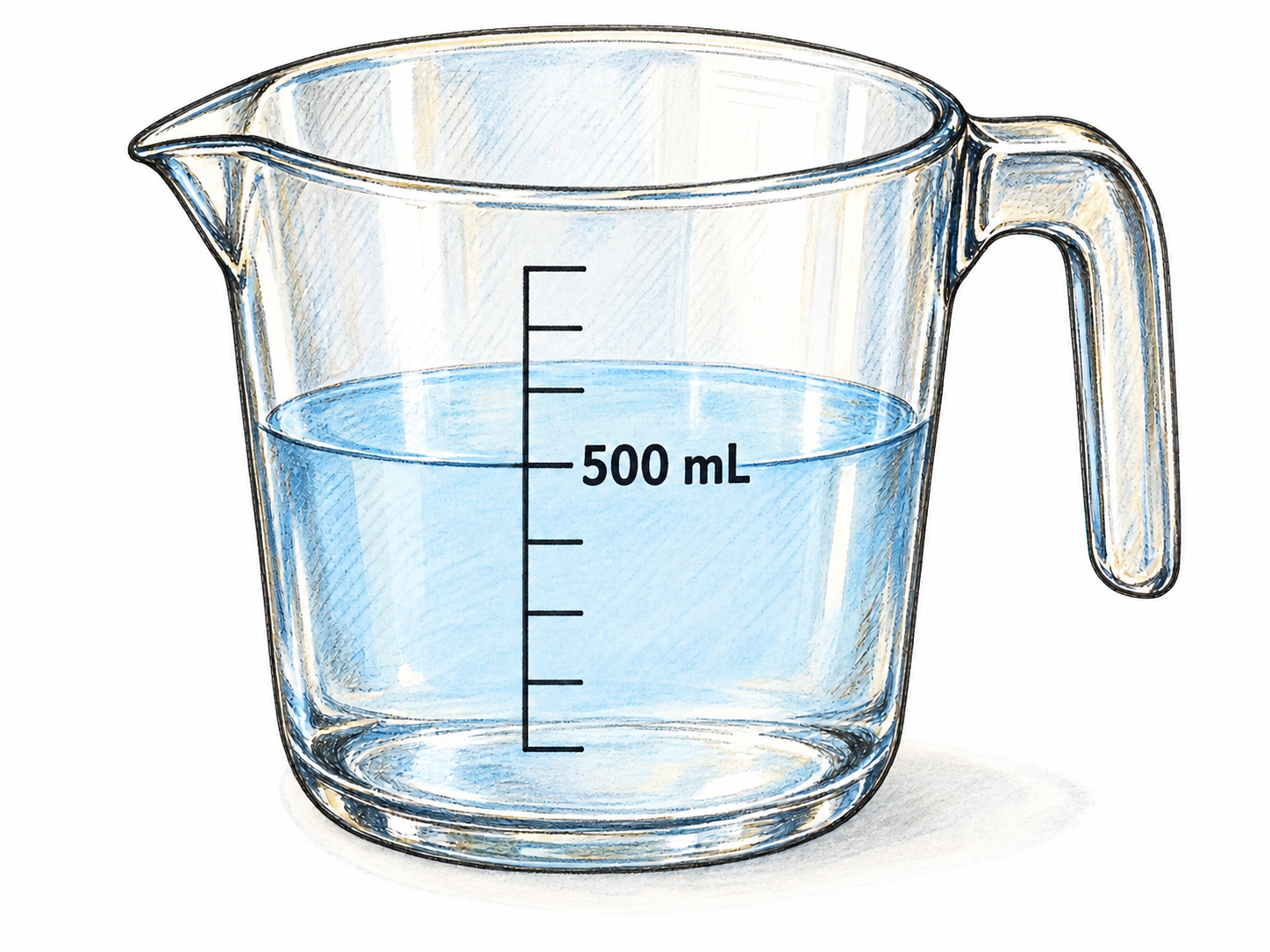 A transparent measuring jug holding water up to a clearly marked 500 mL graduation makes a quantity of something directly visible.