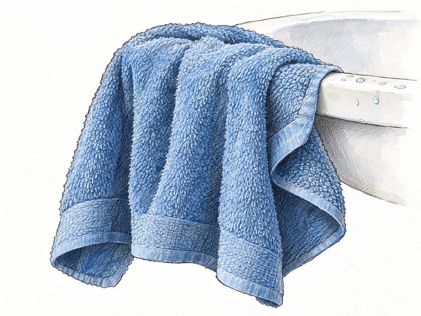 A thick cotton towel draped over the edge of a washbasin, with one corner loosely folded to reveal its absorbent looped weave.