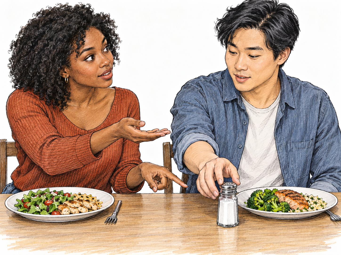 At a simple dining table, a woman requests the salt from a man: she looks expectantly at him, holding one palm upward while indicating the salt shaker beside his plate.