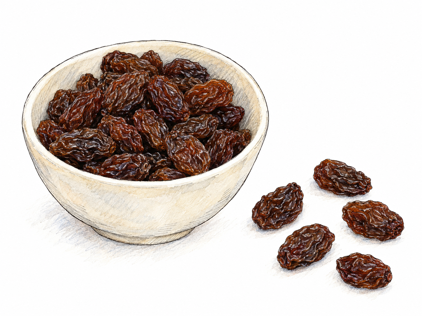 A small plain bowl of dark raisins with several loose raisins beside it, clearly showing their dried, wrinkled grape shapes.