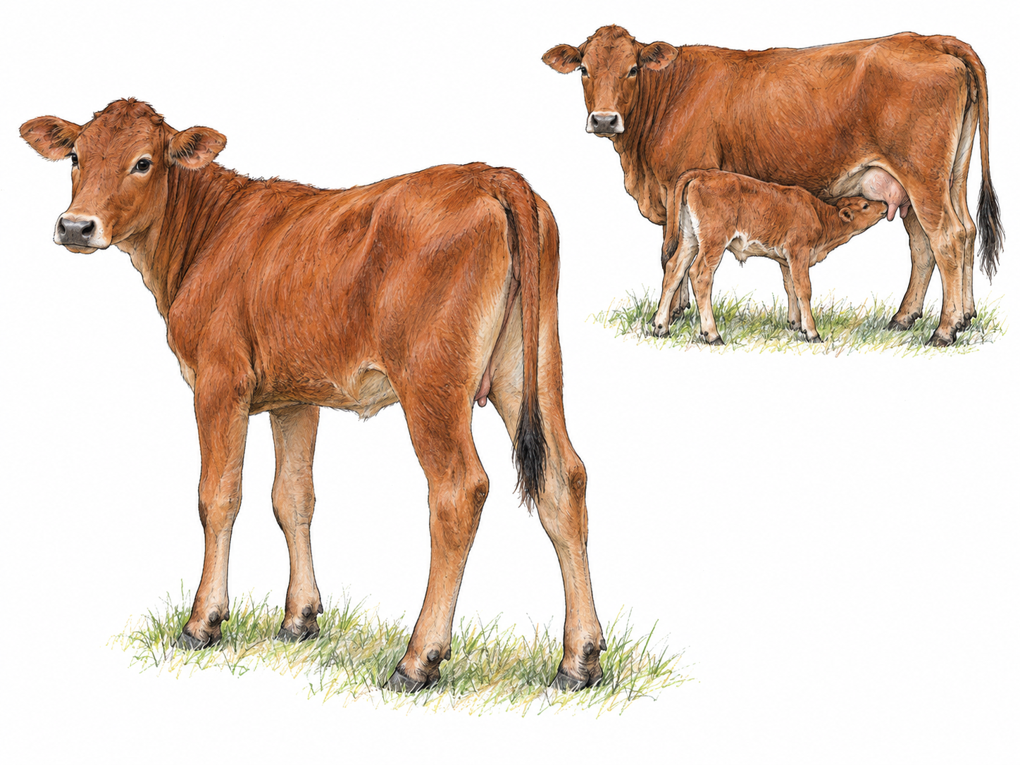 A prominent adolescent female bovine contrasted with a smaller secondary vignette of a mature cow nursing her calf.