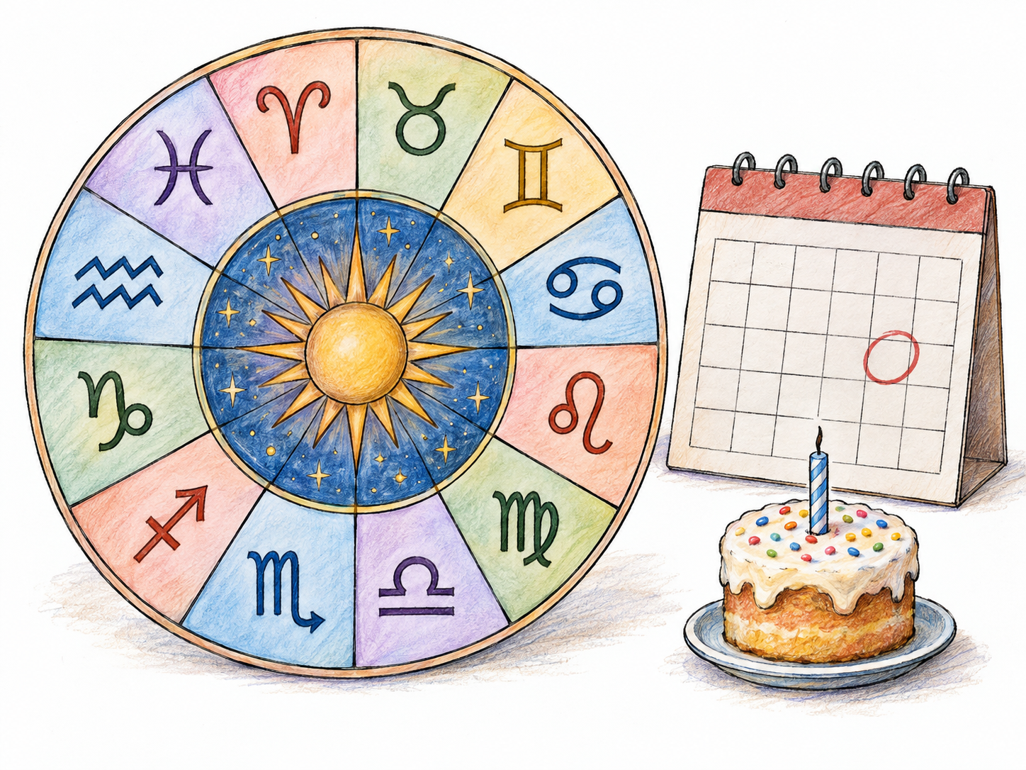 A circular zodiac chart divided into twelve equal sectors, each containing one conventional astrological symbol, beside a small birthday calendar with one date cell circled and a miniature birthday cake.