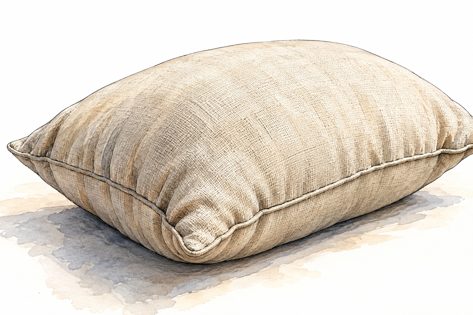 A canvas cushion visibly bulges outward where stuffed with filling, prominent rounded swelling and curved seam, close tactile still life.